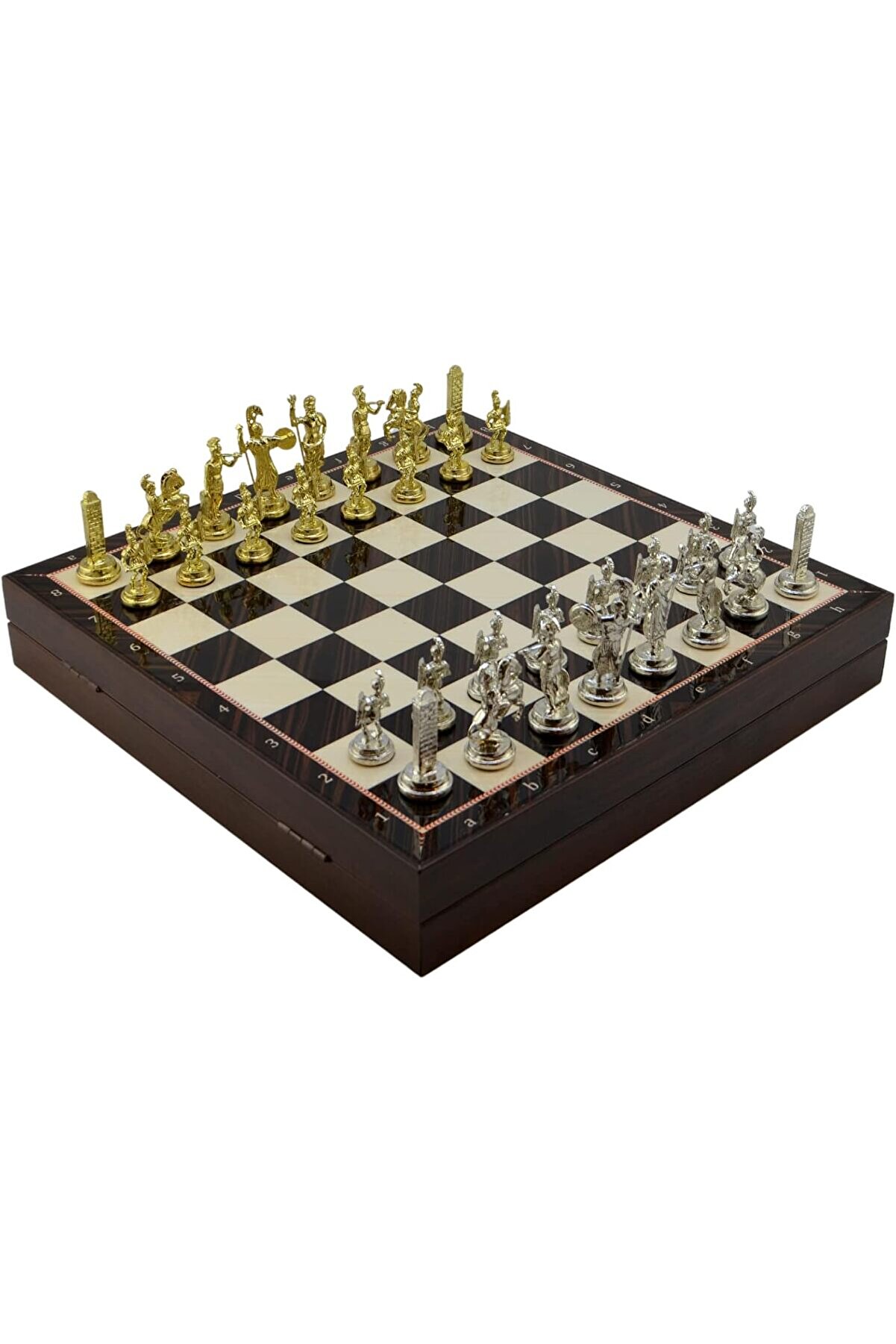 STOREMAX elizzashop Orta Boy Metal Yunan Satranç Takımı Parlak ve Ceviz Desenli Sandıklı MDF Tahtası (36x36x6