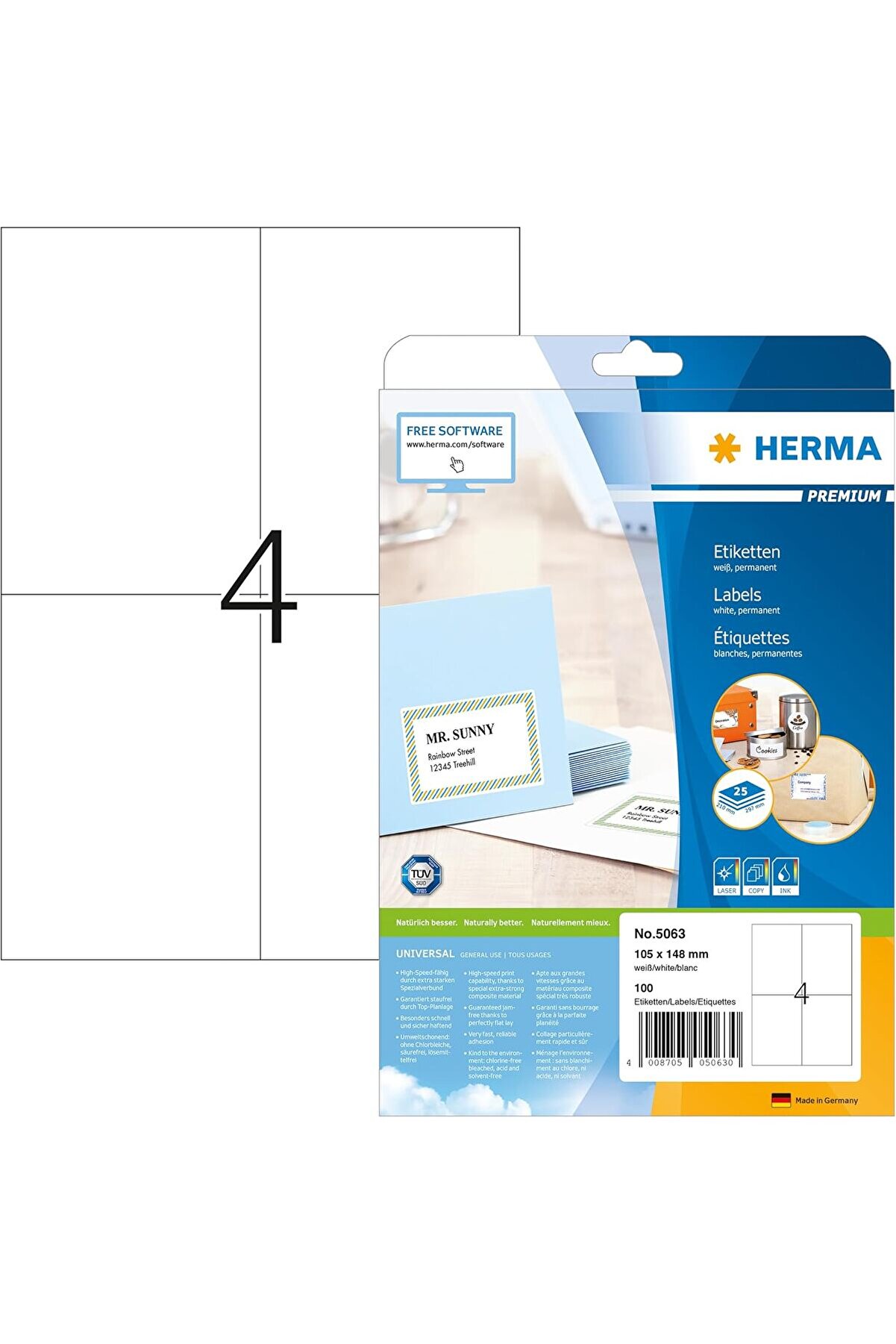 STOREMAX modashine Kendinden Yapışkanlı Çok Amaçlı Etiketler, A4 Sayfa Başına 4 Etiket, ve Mürekkep Püskürtme