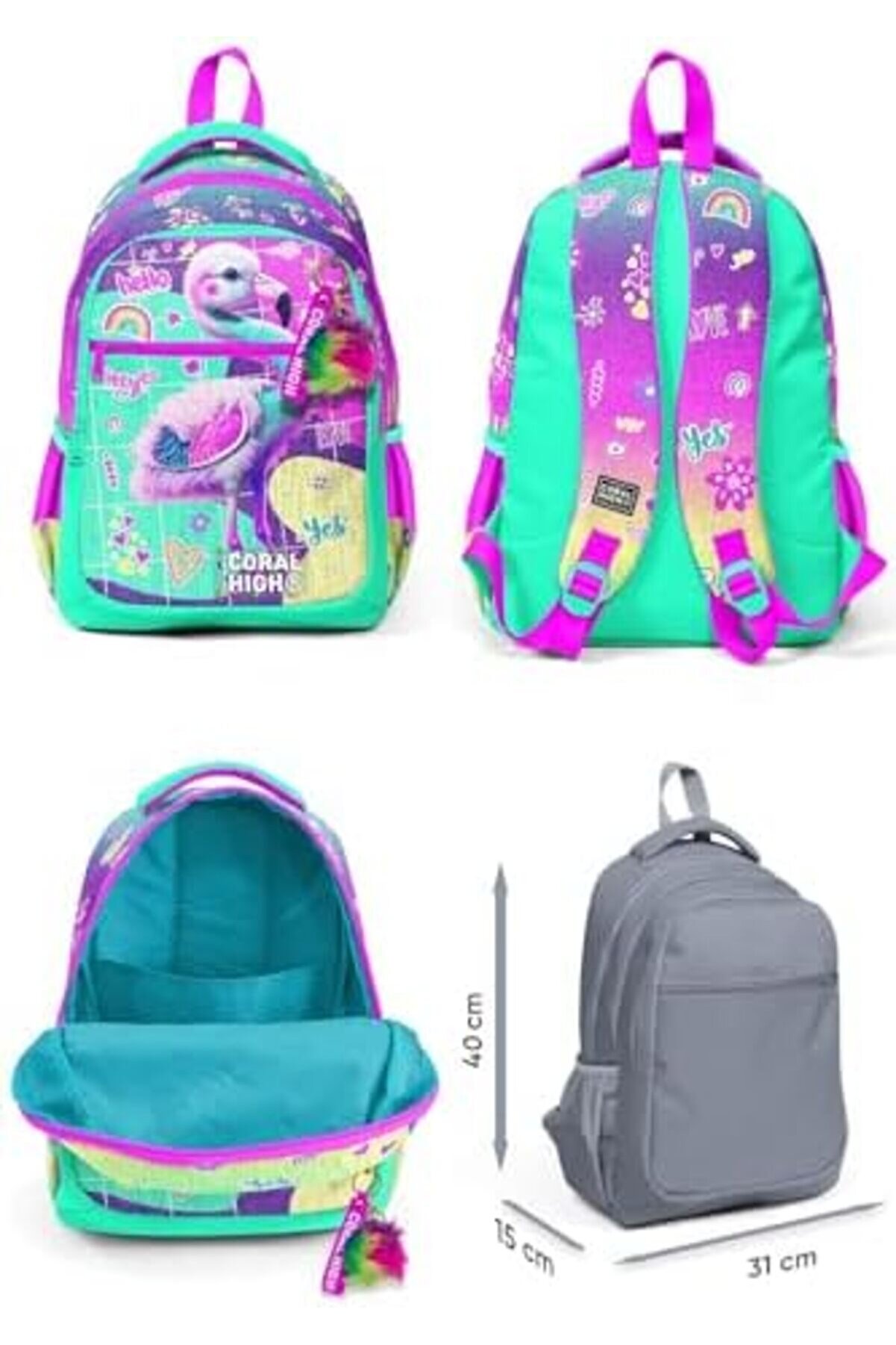 Eli̇zzashop Hi̇gh Pembe Su Yeşi̇li̇ Flami̇ngo Desenli̇ Kız Çocuk İlkokul Çantası Ve Günlük Sırt Çantası El