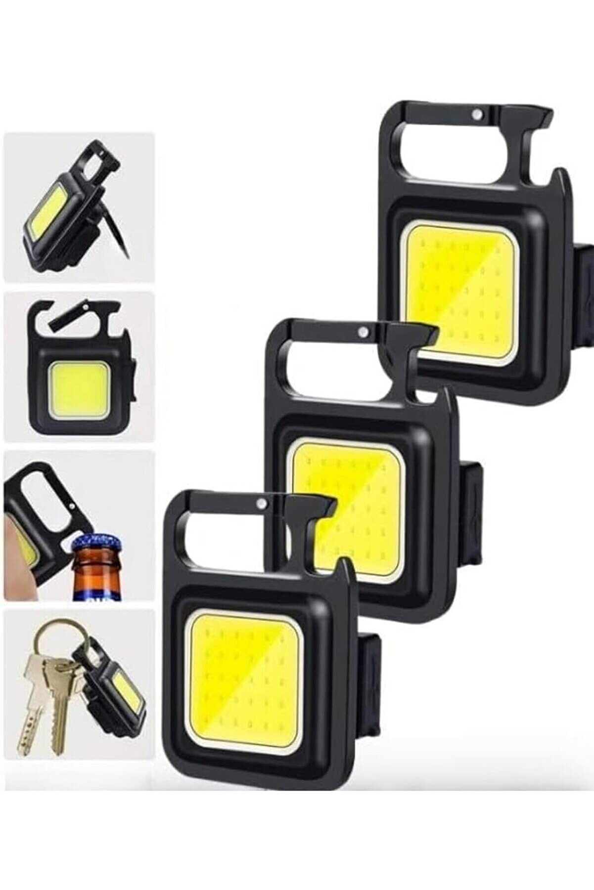 STOREMAX 3 Adet Led Anahtarlıklı Metal Kasa El Şişe Açacağı Usb’li Şarj Edilebilir Cep Boy Cob 800
