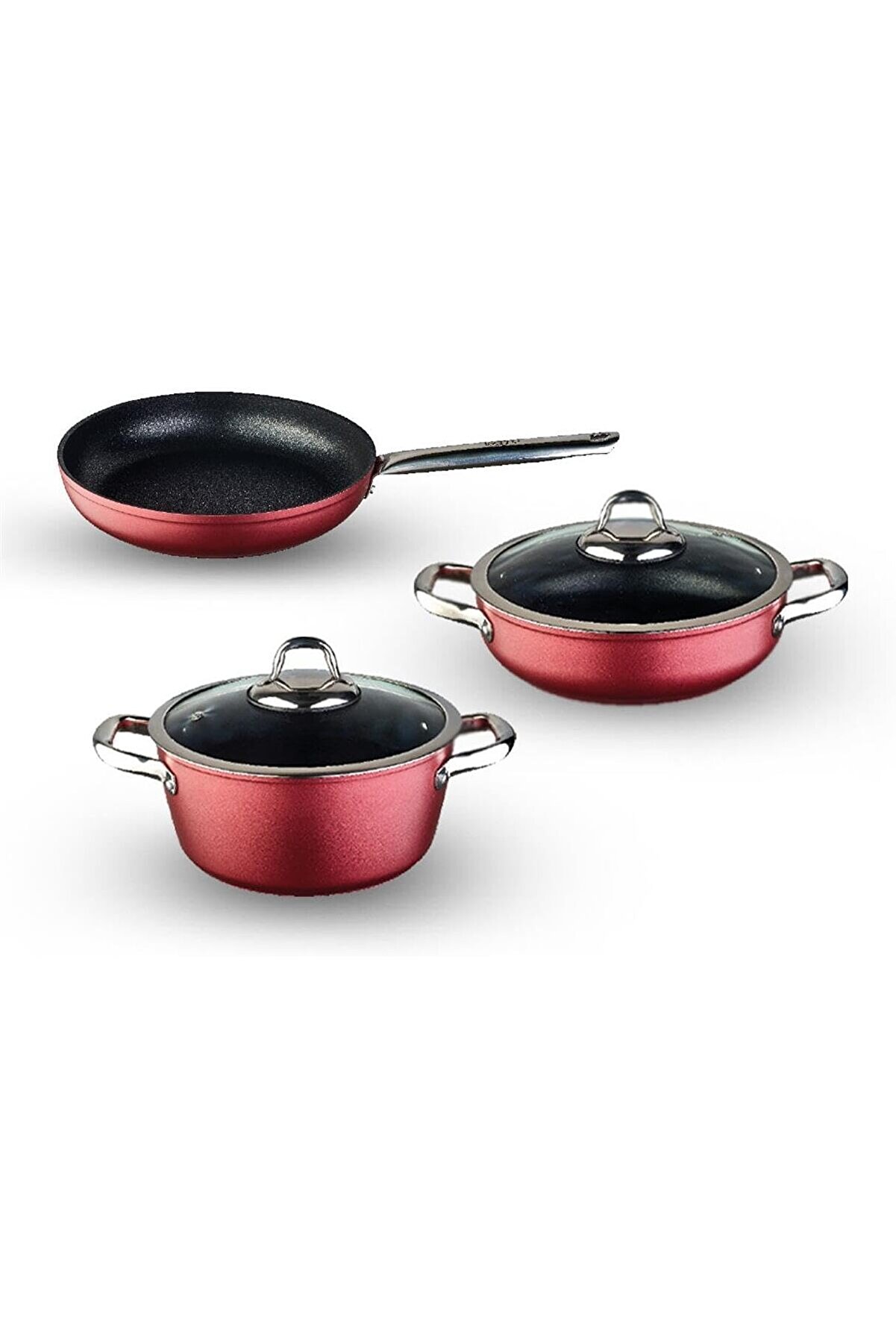 STOREMAX Daily Titanium 5 Parça Set Çelik Sap Metalik Kırmızı (22Cm Derin Tencere + 26Cm Sığ Tencere&Tava) 1