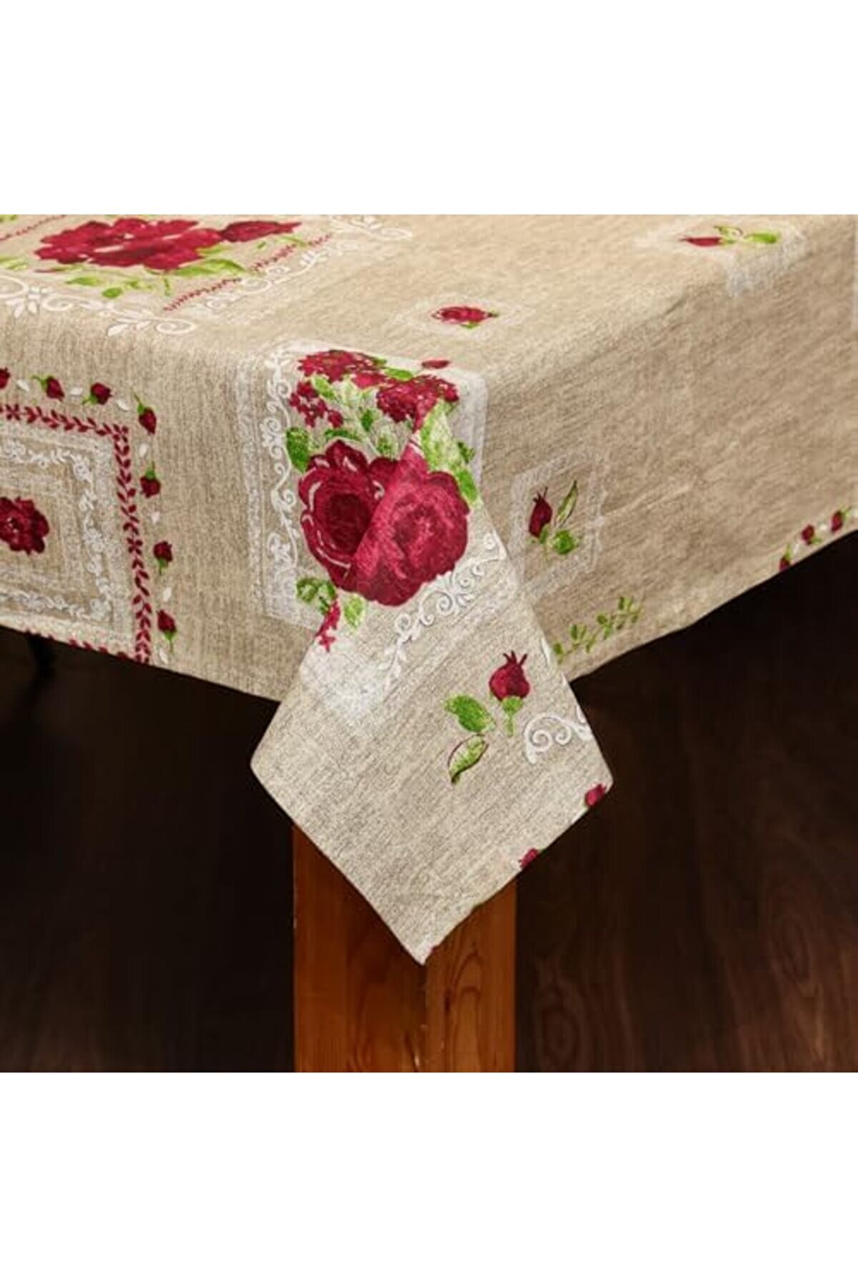 Gül Desenli̇ Bej Pamuklu Masa Örtüsü 1014773