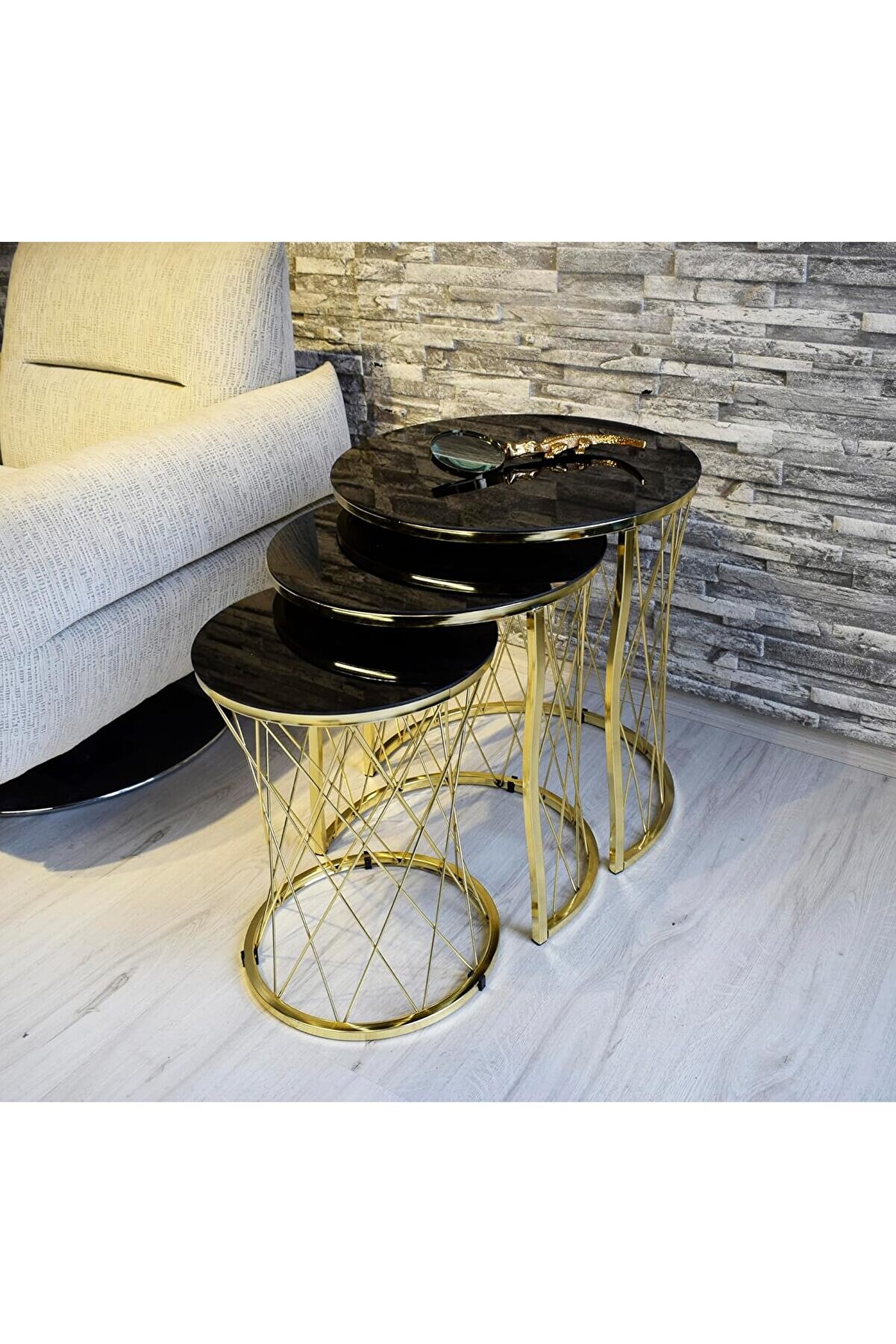 STOREMAX lü Hasır Siyah Temperli Cam Metal Zigon Sehpa 1014773