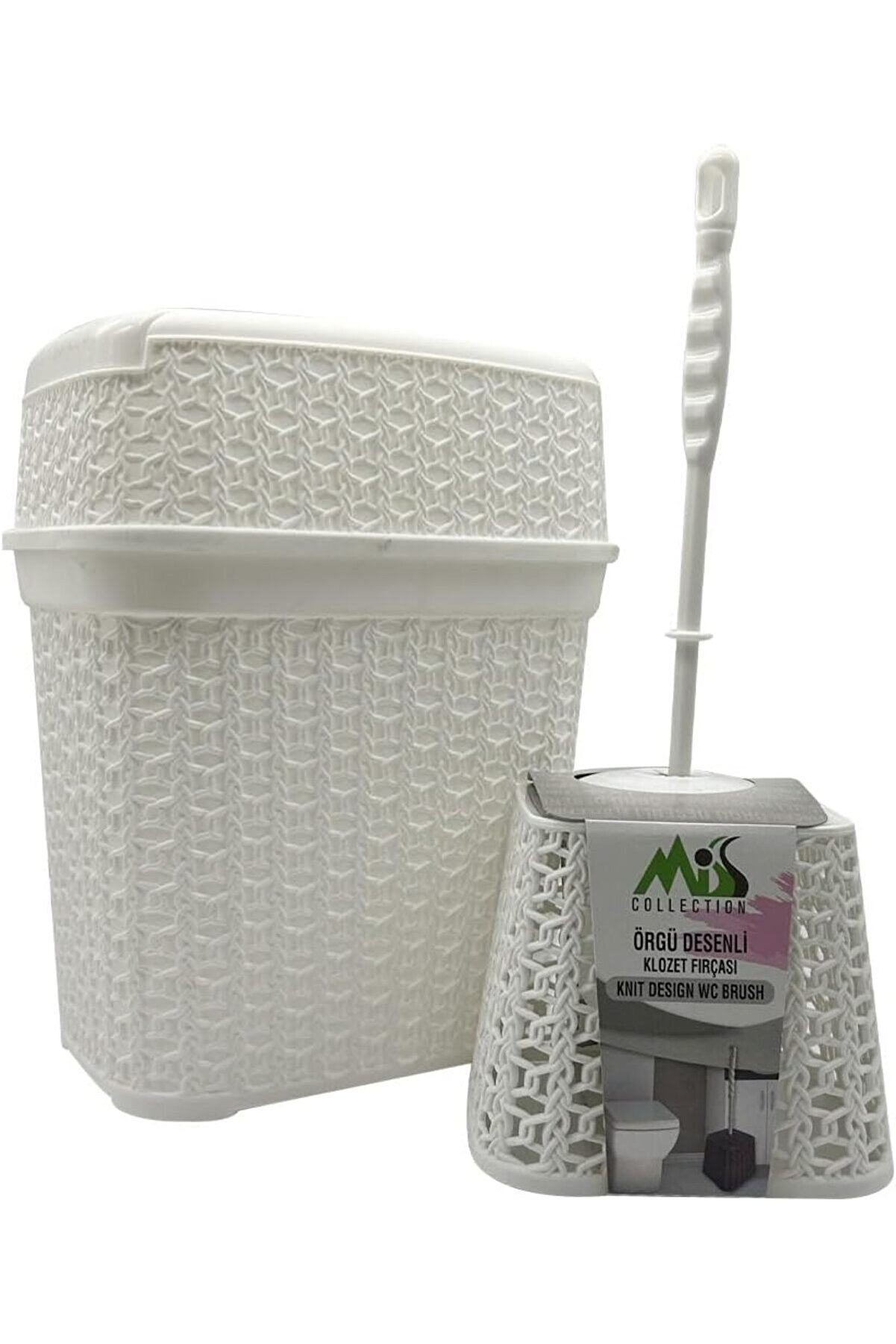 STOREMAX Mark Hasır Desenli Çöp Kovası ve Klozet Fırçası Seti, Beyaz 1014773