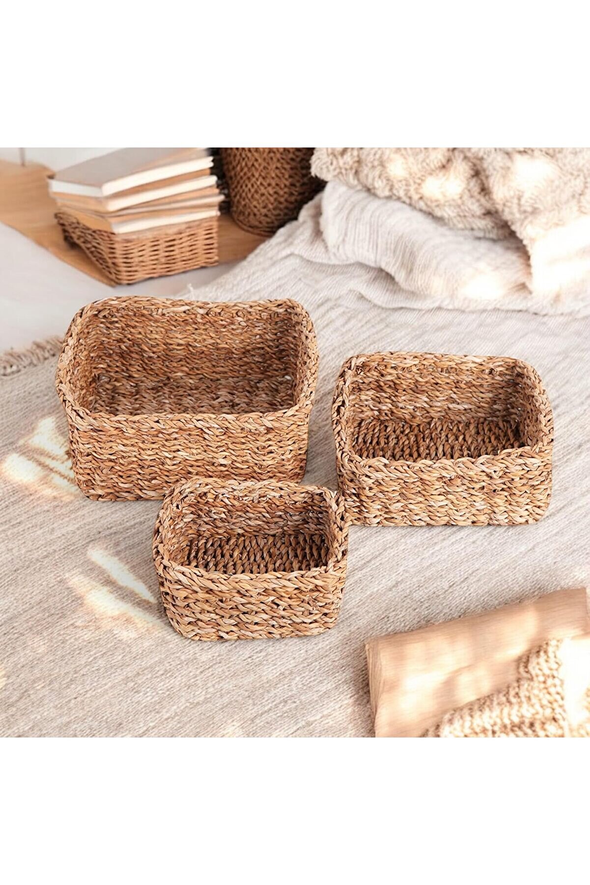 STOREMAX 3'lü El Yapımı Kare Düzenleyici Seti | 3'lü Hasır Kare Organizer Seti – Dekoratif, Çok Ama