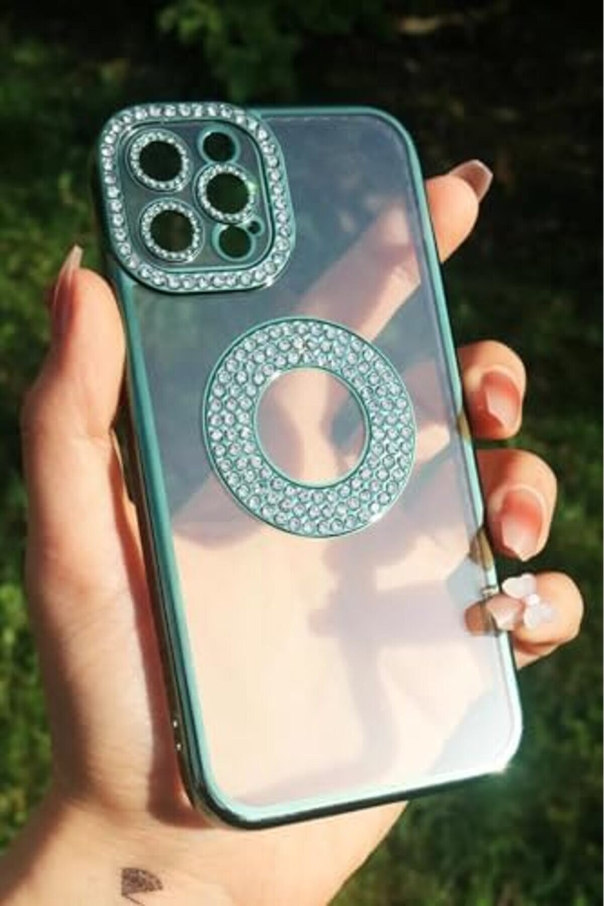 13 Pro İle Uyumlu Taşlı Parlak Logo Açık Kadın Kılıf Kapak (Yeşi̇l) 1014773