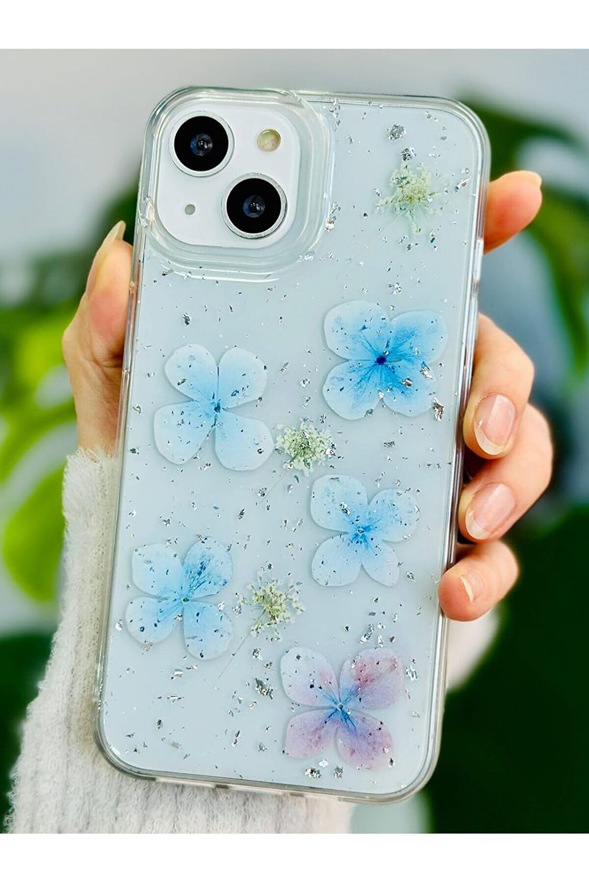 STOREMAX Aksesuar Iphone 13-14 ve 15 ile Uyumlu EPOKSİ Mavi Simli &Ccedil;i&ccedil;ek Oyuncak Tasarımlı Esnek Silikon Kılıf