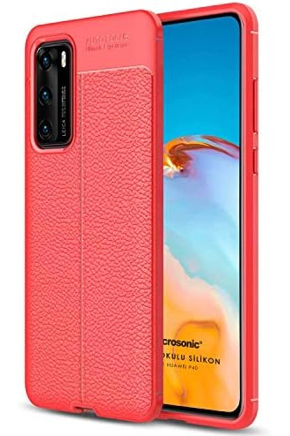 P40 İçi̇n Kılıf Deri̇ Dokulu Si̇li̇kon Kırmızı [P40 İle Uyumlu Kılıf - Kırmızı] 1014773