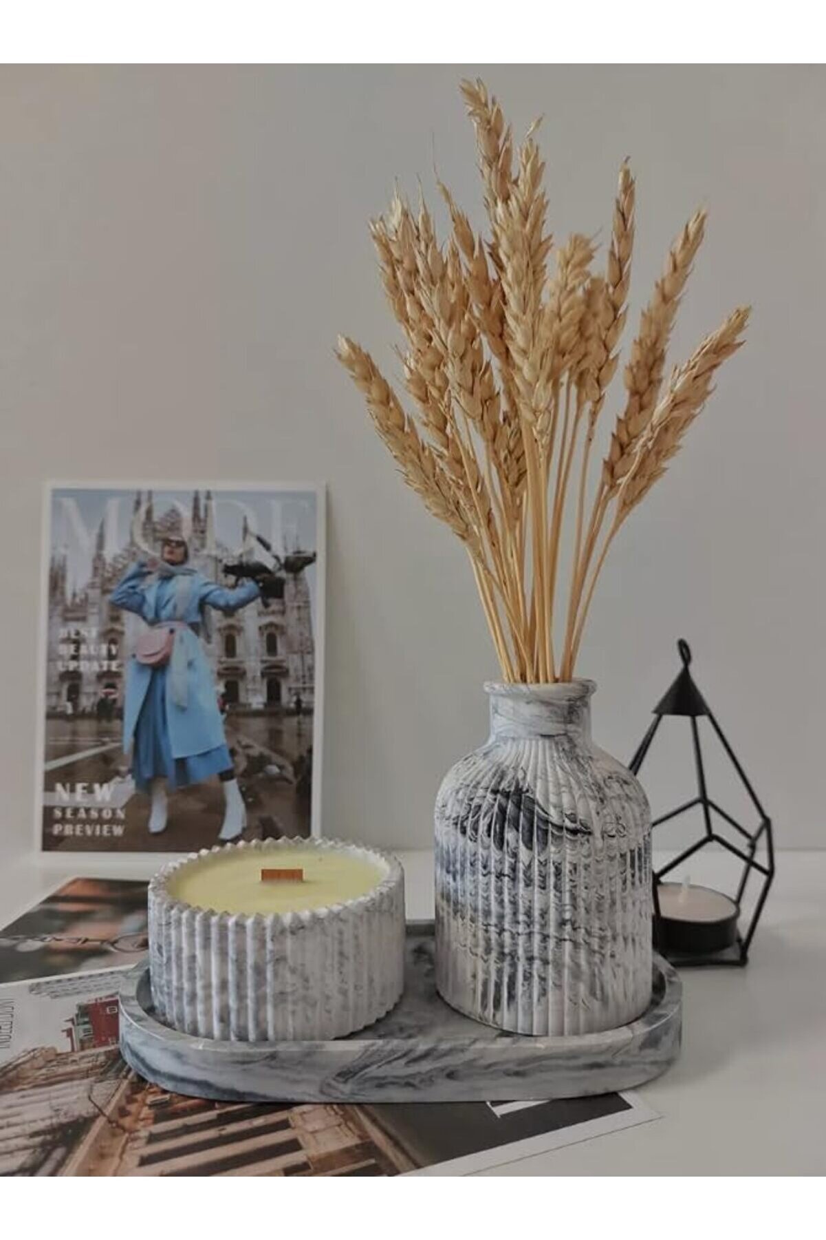 STOREMAX Mermer Desenli Seramik ve Mumluk Seti - Modern ve Minimalist Dekorasyon 1014773