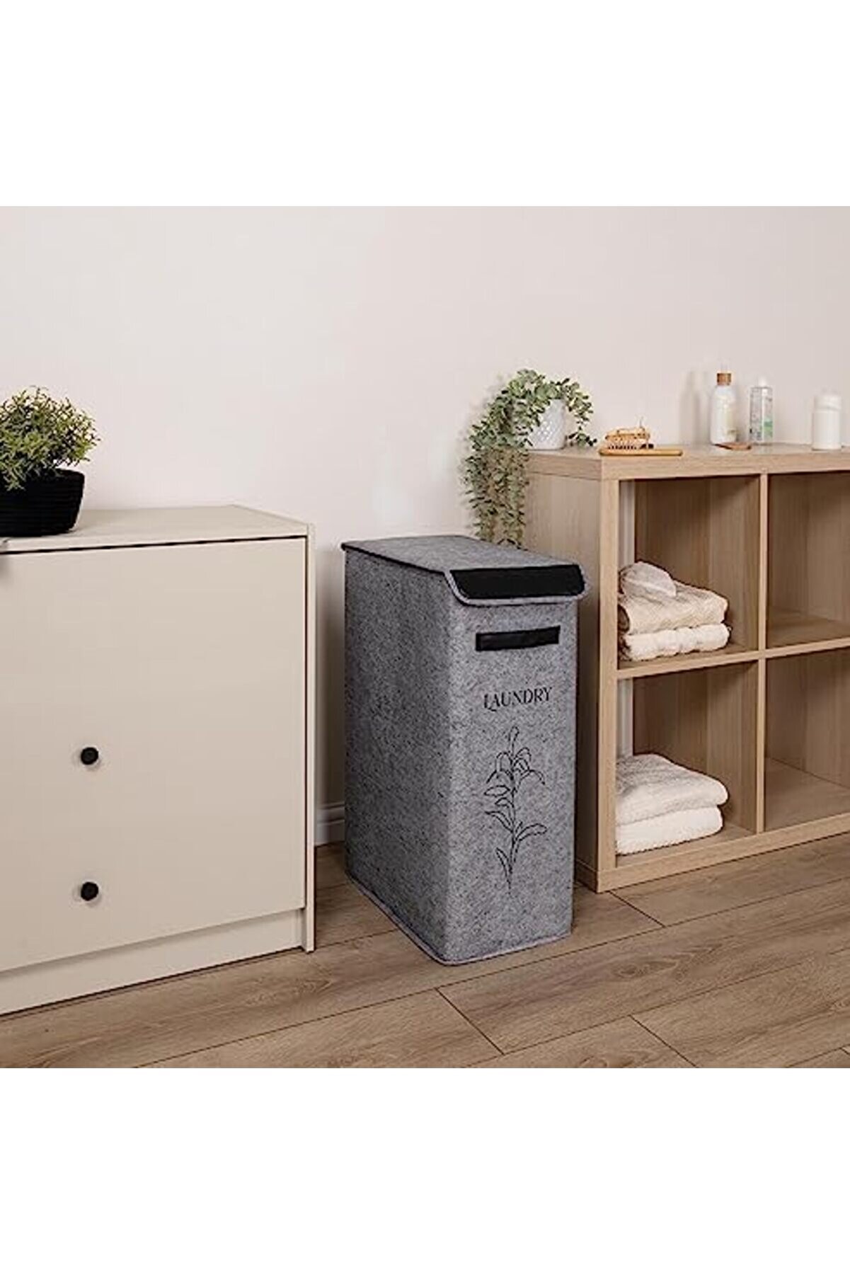 Kapısı Felted Deri̇ Detaylı Lüks Keçe Çamaşır Sepeti̇ (1 Gözlü) 1014773