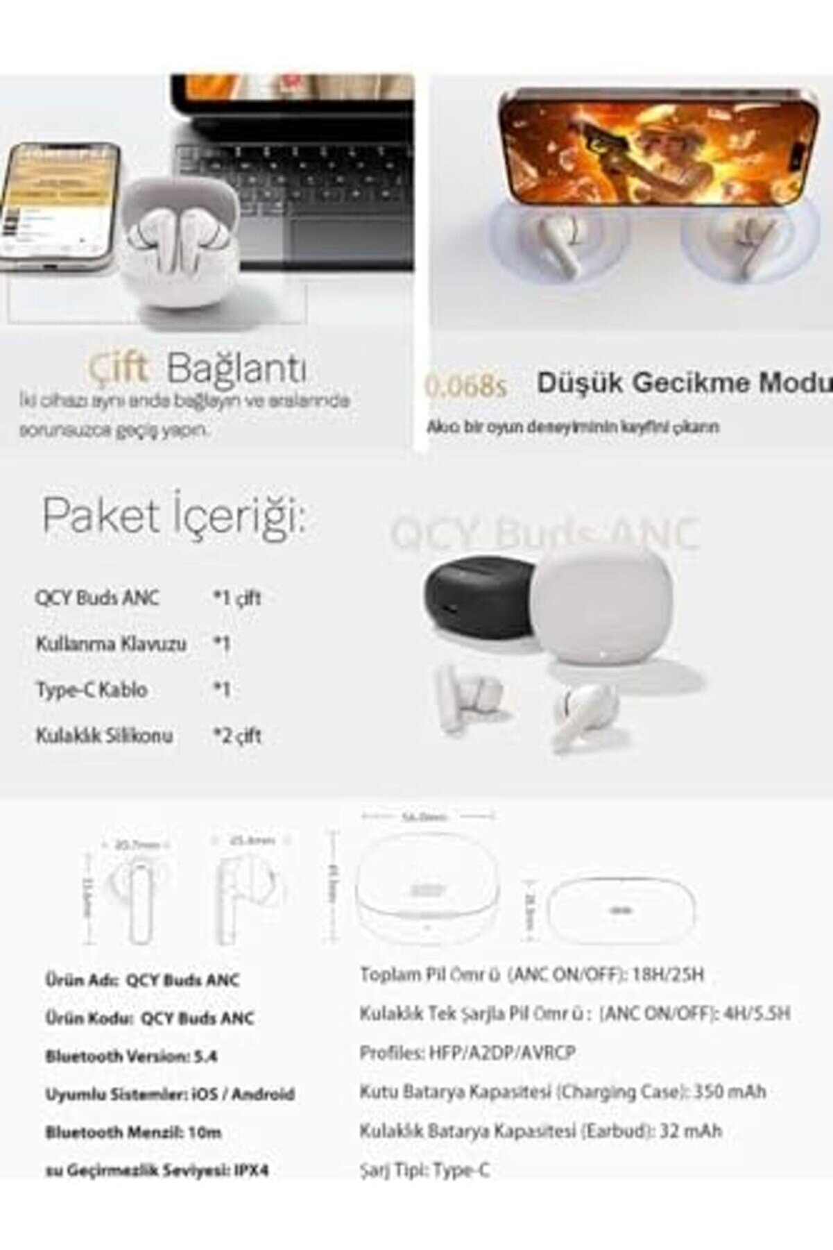 Buds Anc Ht15 Kulaklık - 45 Db. Anc - 6 Mi̇krofon Enc - Çi̇ft Ci̇haz Gürültü Engelleme İpx4 1014773