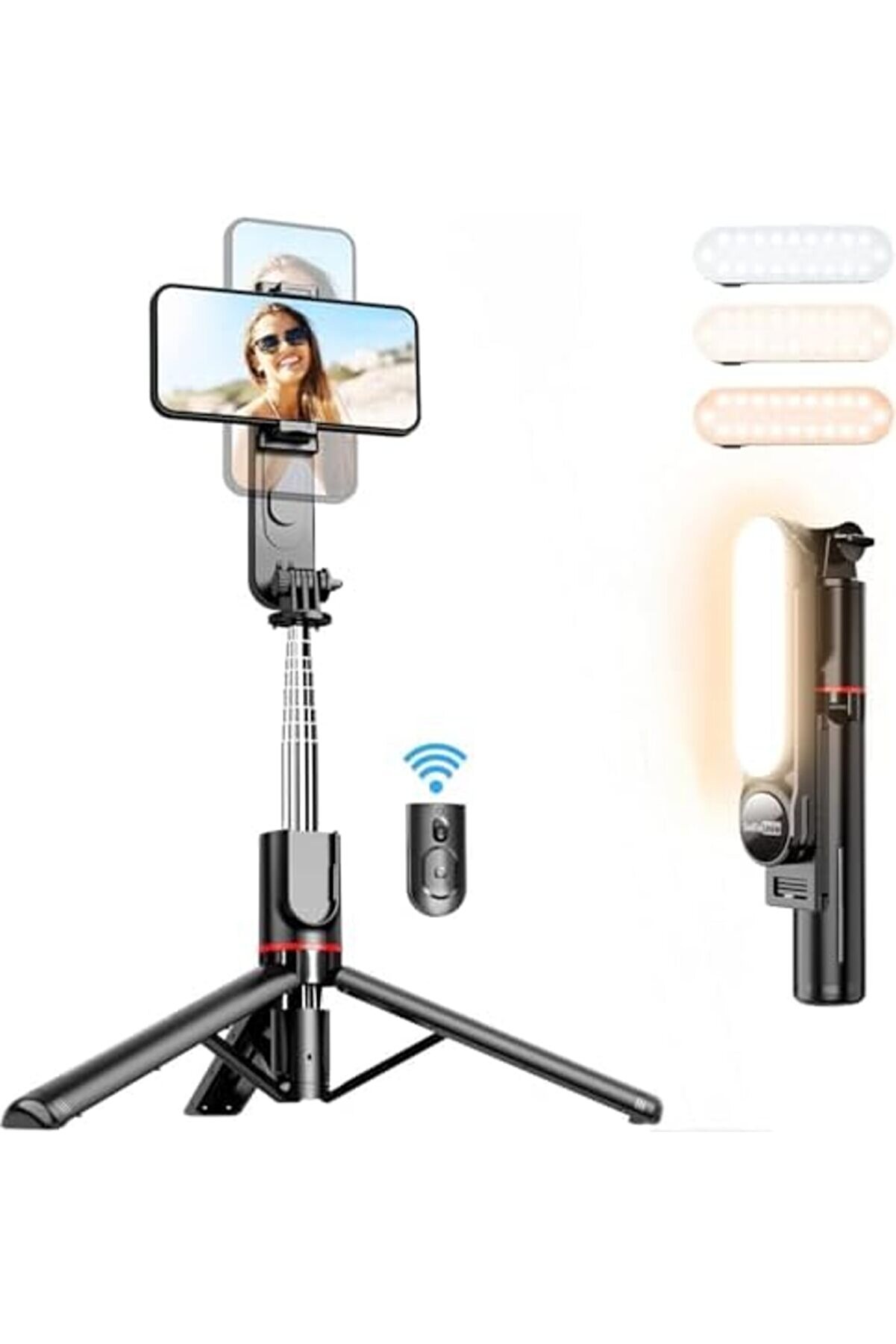Işıklı Selfi̇e Çubuğu, 360 ° Dönebi̇len, Led Dolgu Işıklı, 111Cm Uzatılabi̇li̇r, Kablosuz Kumanda, 3 Ren