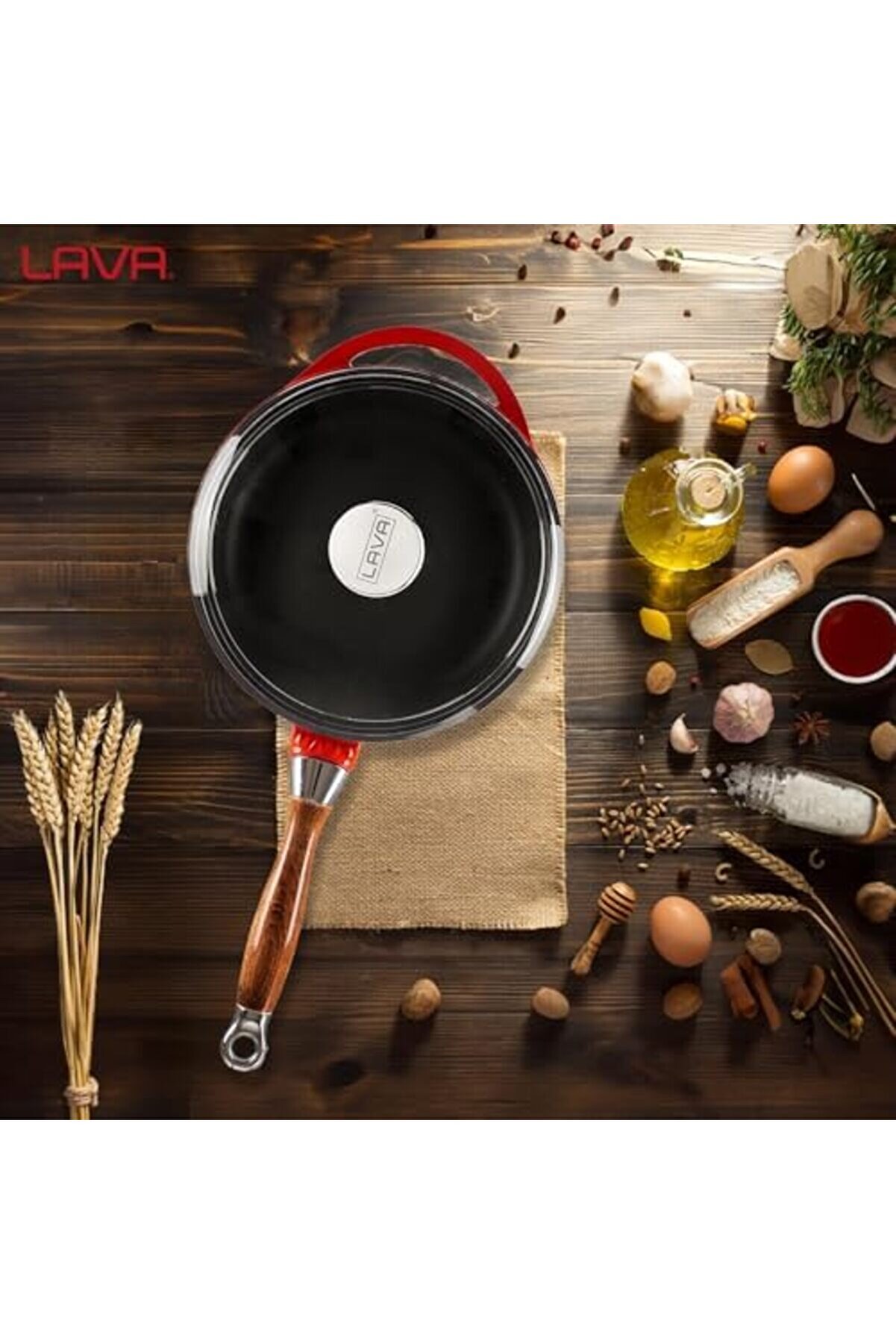 Modashi̇ne Metal Cam Kapaklı Ahşap Kulplu Yuvarlak Kızartma Tavası, 24 Cm, Kırımızı Modascope 1014773