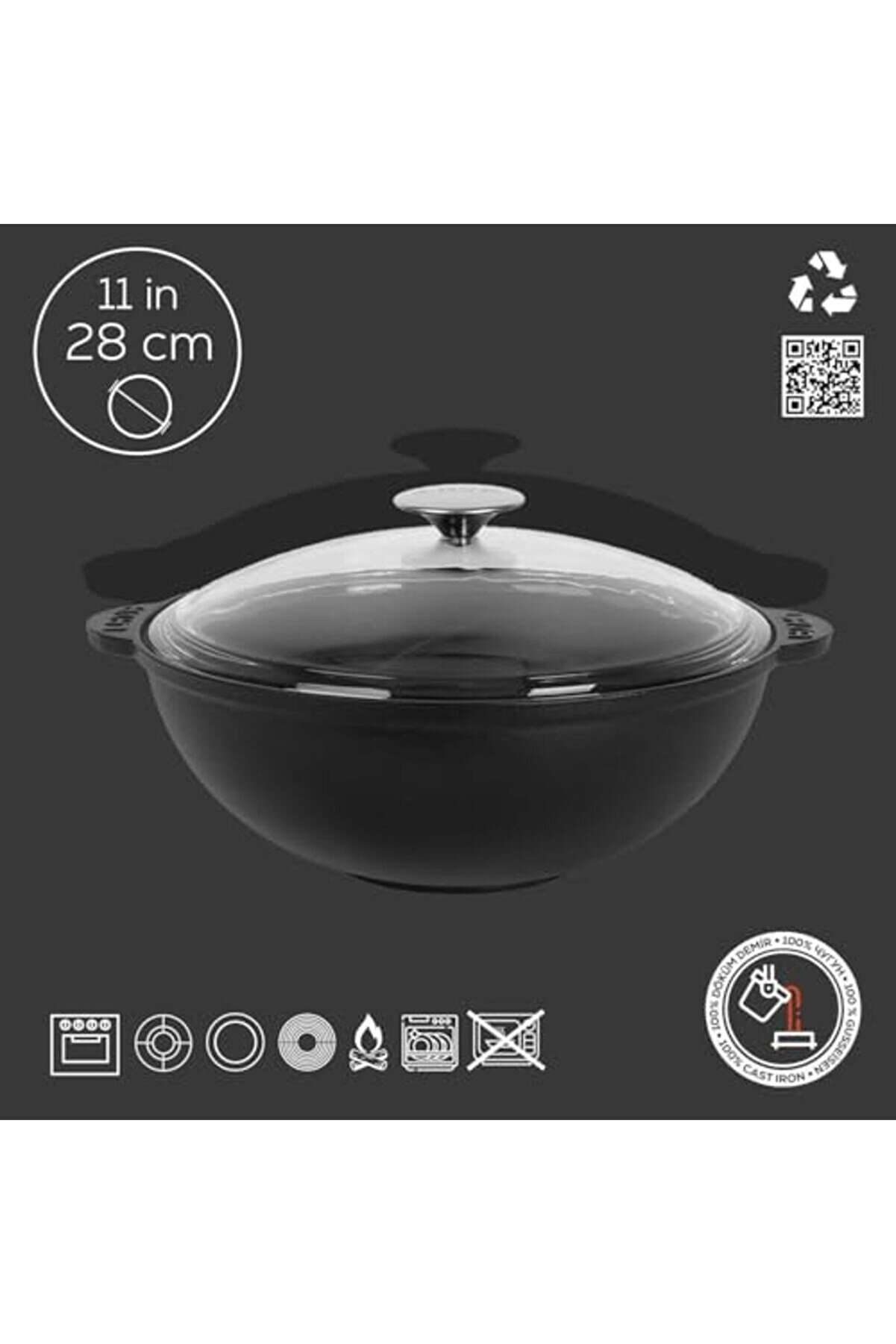 Modashi̇ne Döküm Yuvarlak Cam Kapaklı Kazan/Tencere. Döküm Demi̇r Yekpare Kulplu Çap(Ø)28 Cm. Modascop