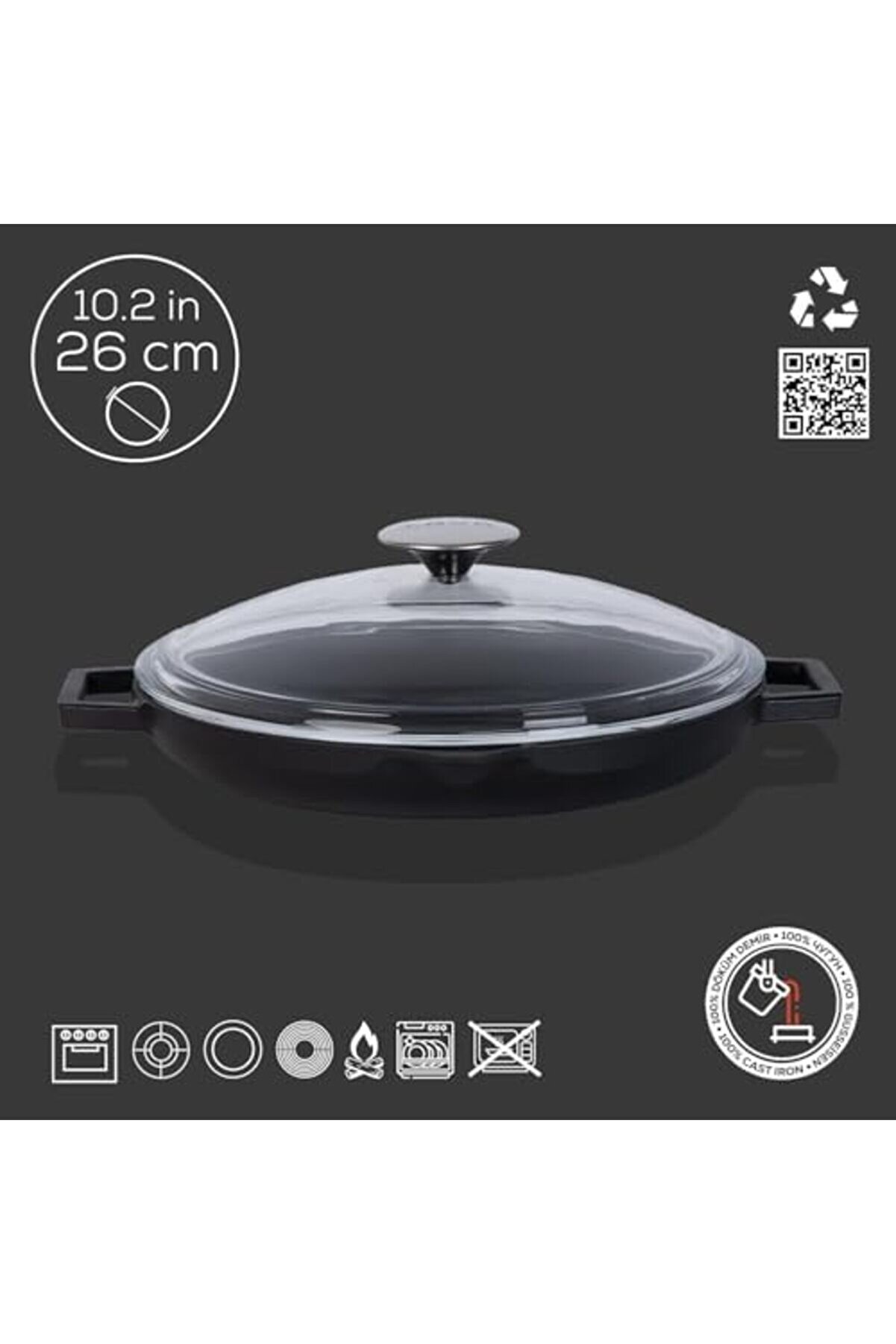 Modashi̇ne Cam Kapaklı D&uuml;z Zemi̇nli̇ D&ouml;k&uuml;m Demi̇r Tava, 26 Cm Modascope 1014773