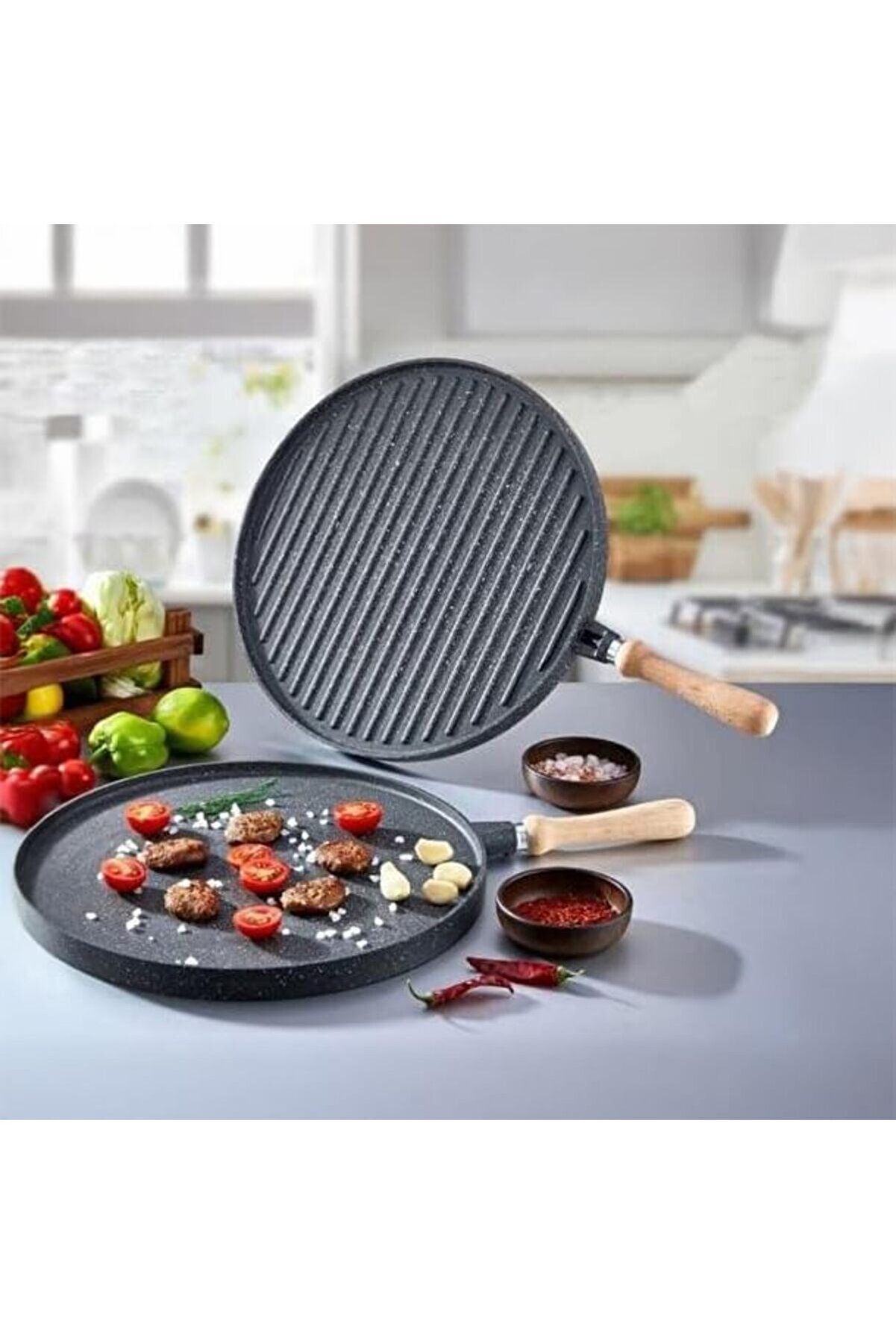 STOREMAX Yanmaz Yapışmaz Granit Kaplama Döküm Çift Taraflı Izgara ve Gözleme Tavası, Çift Taraflı Bazlama ve