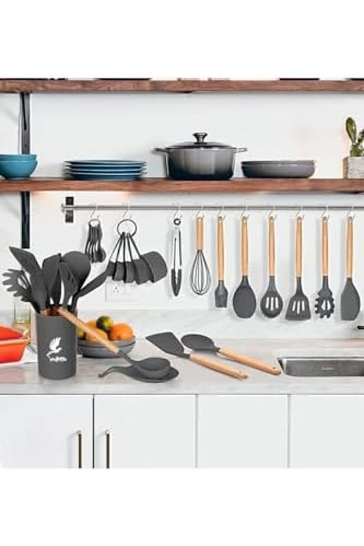 Modashi̇ne Mi̇kla Dayanıklı Yanmaz Yapışmaz 33 Parça Si̇li̇kon Spatula Mutfak Seti̇ Gri̇ Modascope 1014773