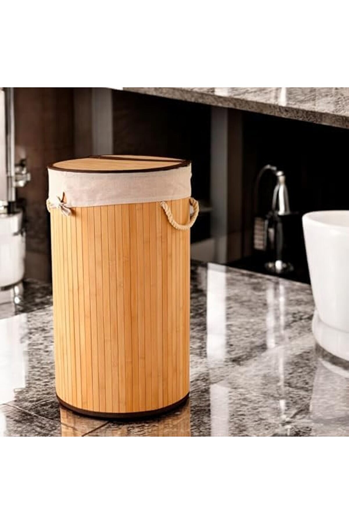 El Yapımı Hasır Katlanır Çamaşır Sepeti̇ Yuvarlak 60 Li̇tre (35Cm*35Cm*61Cm), Malzemeden Üreti̇lmi̇ş Çam