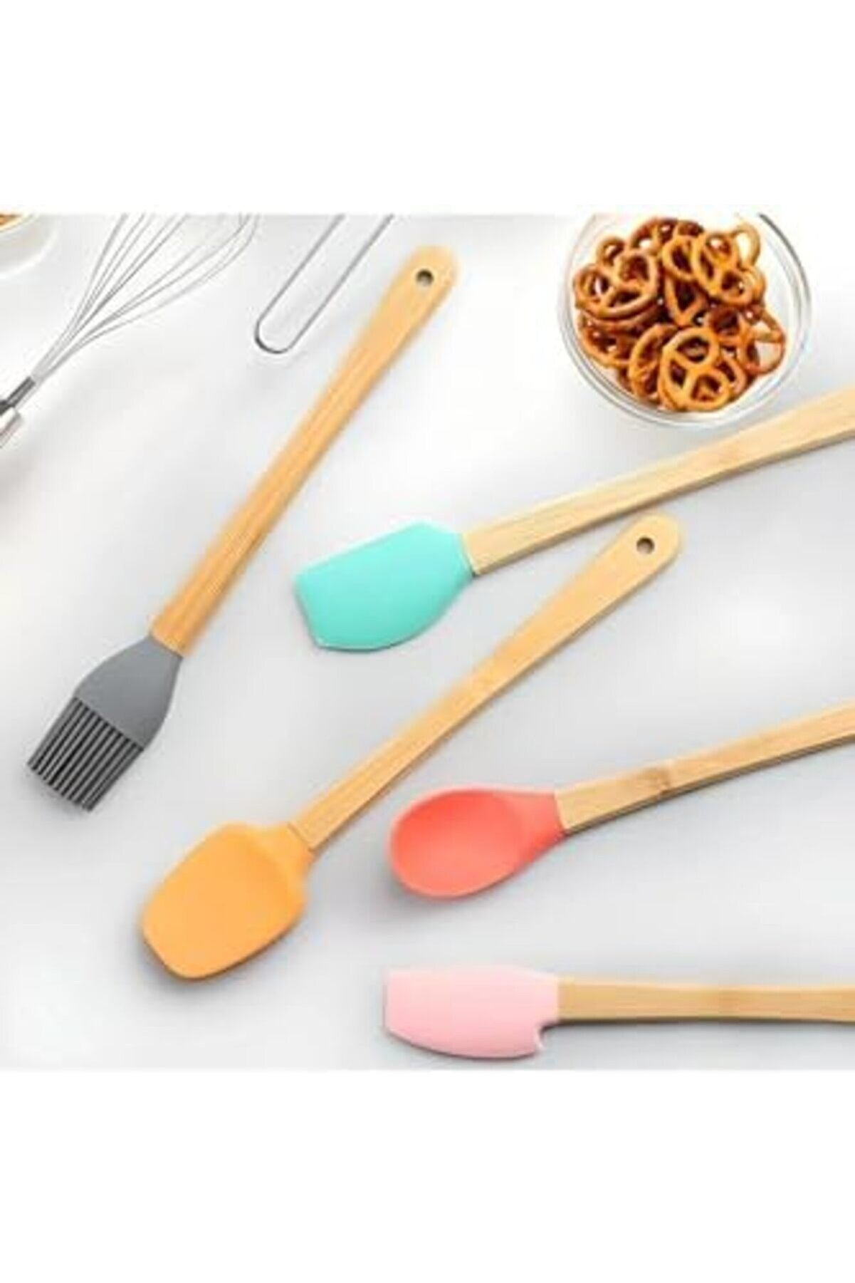 Modashi̇ne 5 Li̇ Renkli̇ Bambu Saplı Si̇li̇kon Uçlu Spatula Fırçalı Kaşık Seti̇ Modascope 1014773