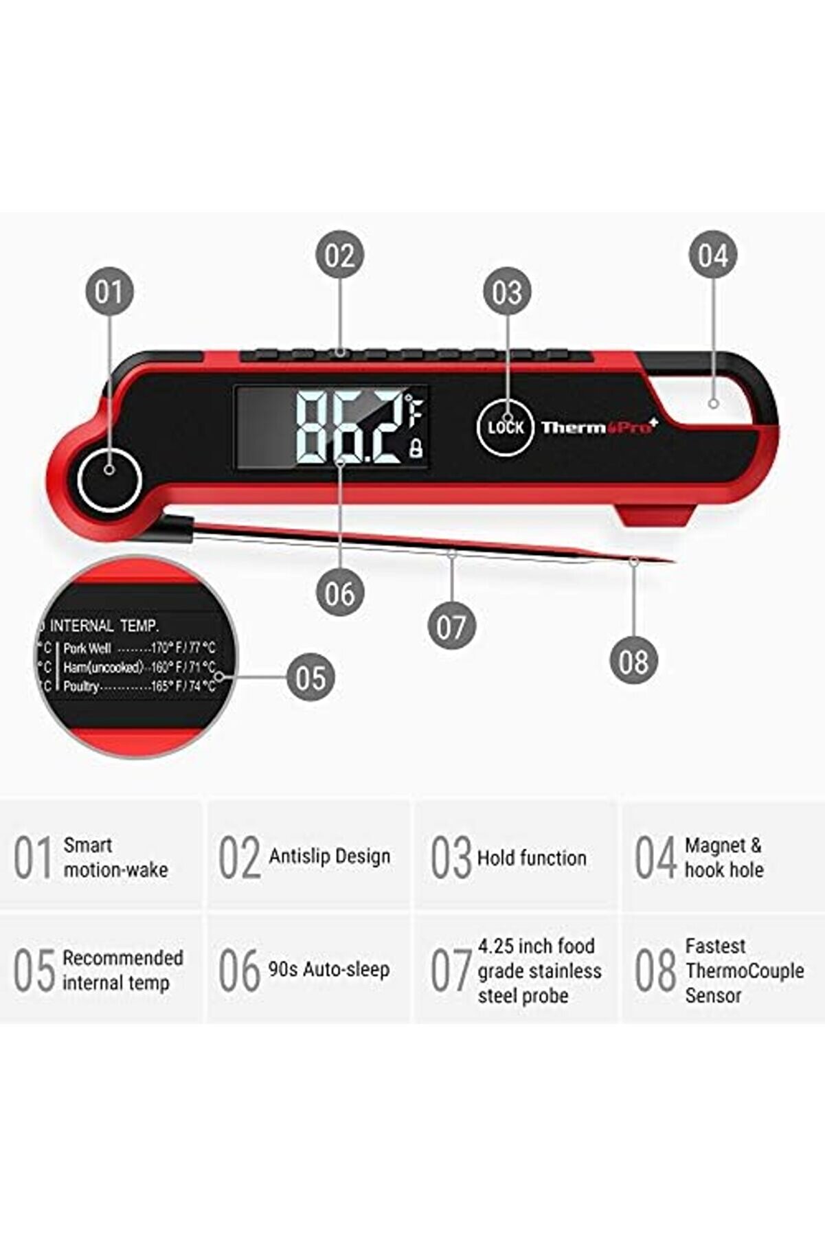 Shopverse Tp620 Anında Okunan Et Termometresi̇,, Büyük Otomati̇k Dönen Lcd Ekranlı Pi̇şi̇rme Termometres