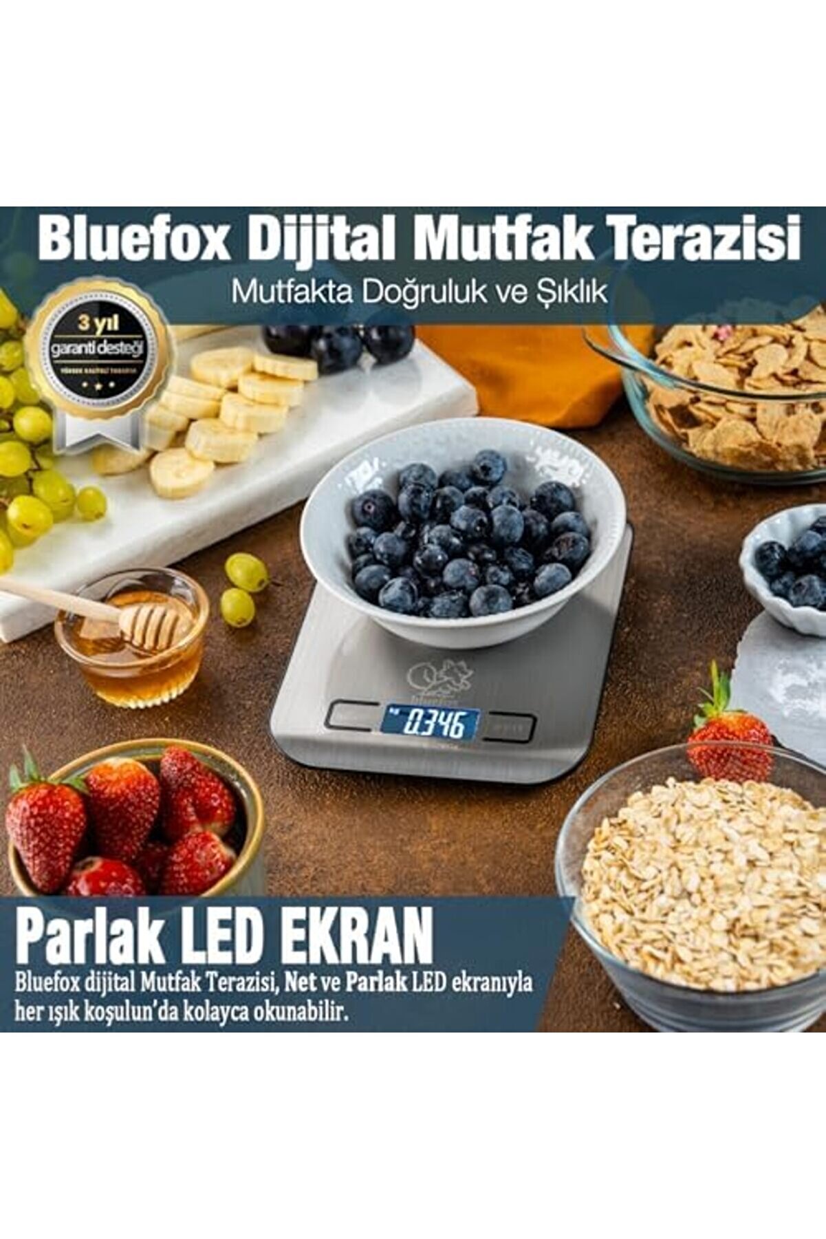 Modashi̇ne Mutfak Terazi̇si̇ - Paslanmaz Çeli̇k Yüzeyli̇ Mutfak Tartısı - Dara İşlevi̇, Led Ekran, 5 Bi̇ri̇m