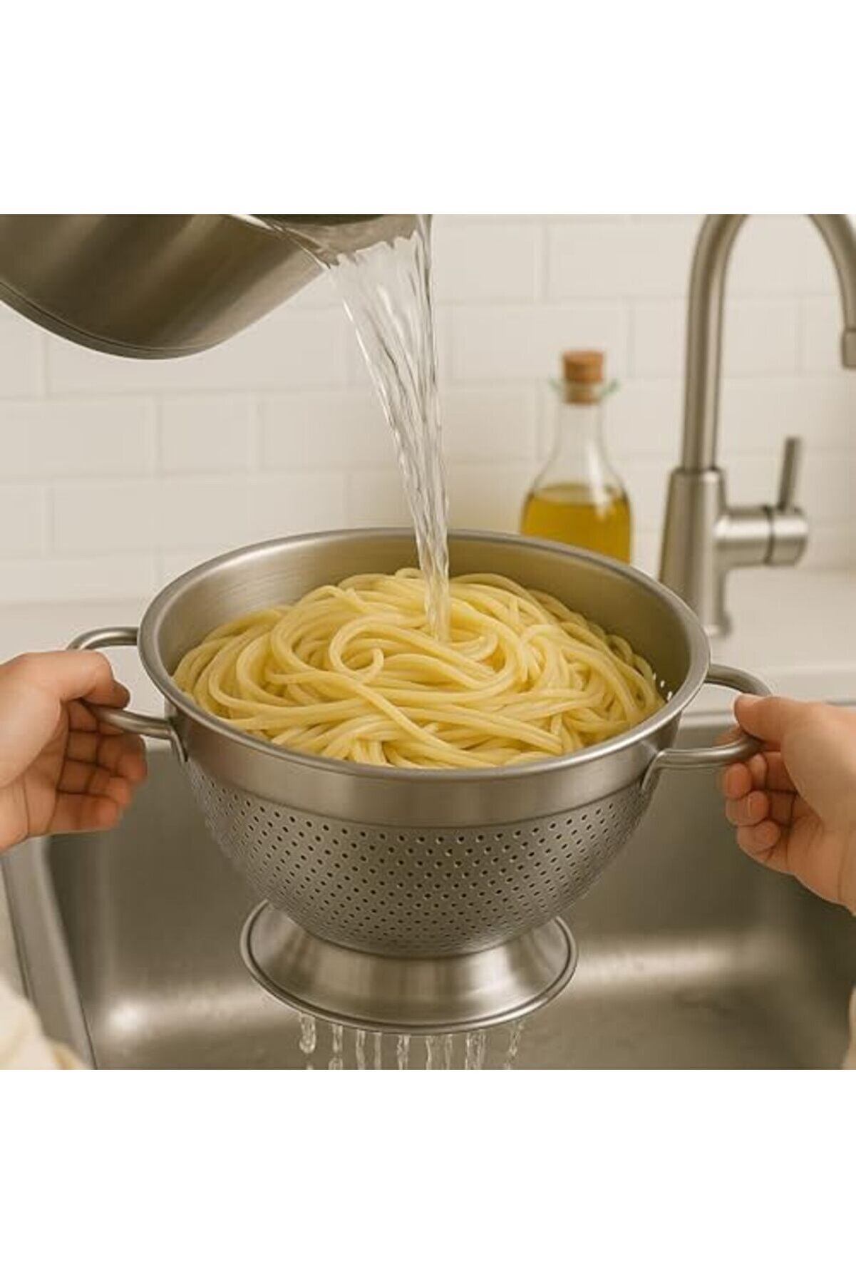 304 Paslanmaz Çeli̇k Süzgeç - Kulplu & Ayaklı Tasarım | Makarna, Sebze Ve Meyve Yıkama Kabı - Deli̇kli̇