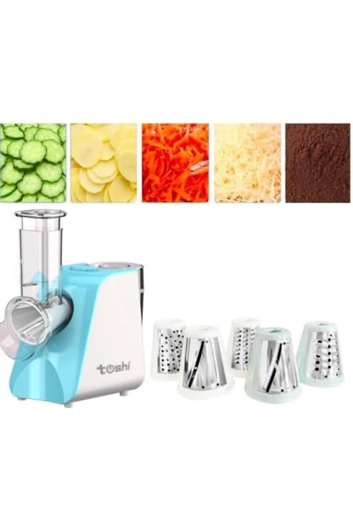 STOREMAX modashine Çok Fonksiyonlu Rende, 5 Değiştirilebilir Bıçak, Elektrikli Mutfak Doğrayıcı, Mavi-Beyaz m