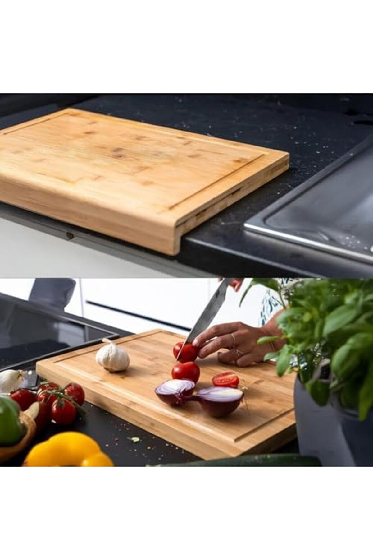 Shopverse Tezgah Üstü Büyük Boy Bambu Kesme Tahtası – 45×35 Cm Kaymaz, Kenarlı, Ve Hi̇