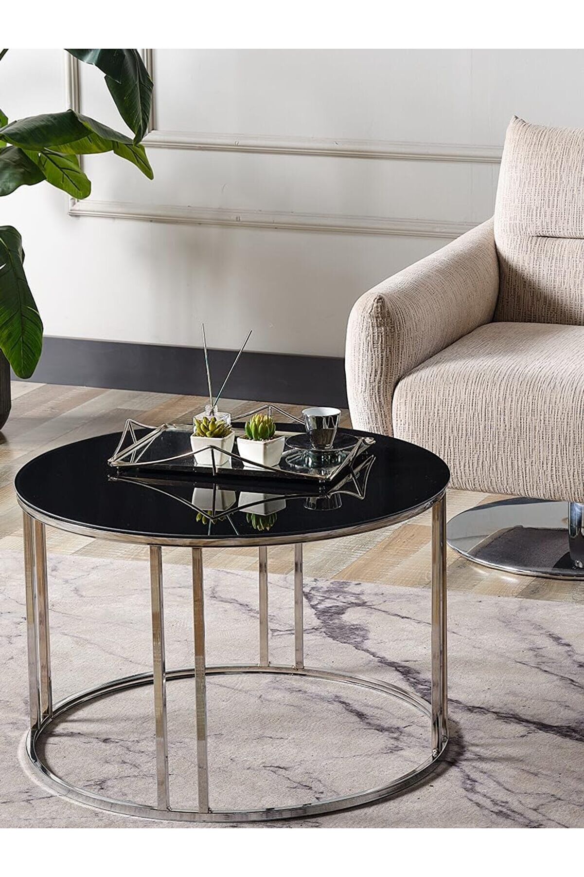 STOREMAX Orta Temperli SİYAH AYNALI (Kırılmaz) Cam (GÜMÜŞ) Metal Ayak Orta Sehpa 1014773