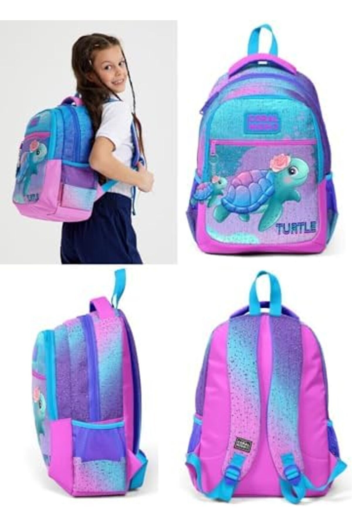 Modashi̇ne Kız &Ccedil;ocuk İlkokul Ve Ortaokul Sırt &Ccedil;antası - Mavi̇ Pembe Kaplumbağa Modascope 1014773
