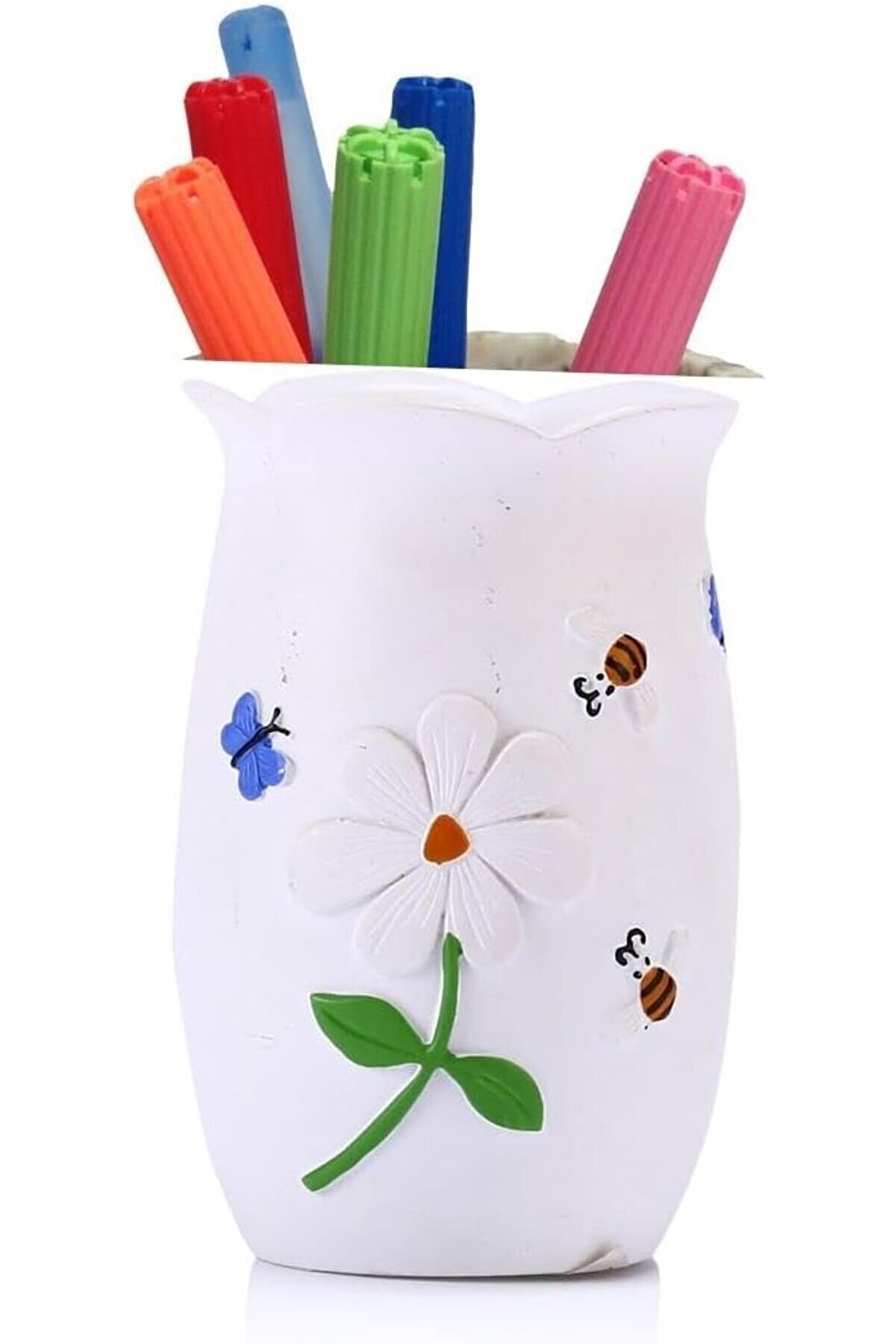 STOREMAX pltnstoreshop Homi KALEMLİK ÇİÇEKLİ POLİRESİN MODEL OFİS GERECİ 7x7x10cm, Beyaz pltnstoreshop 117573