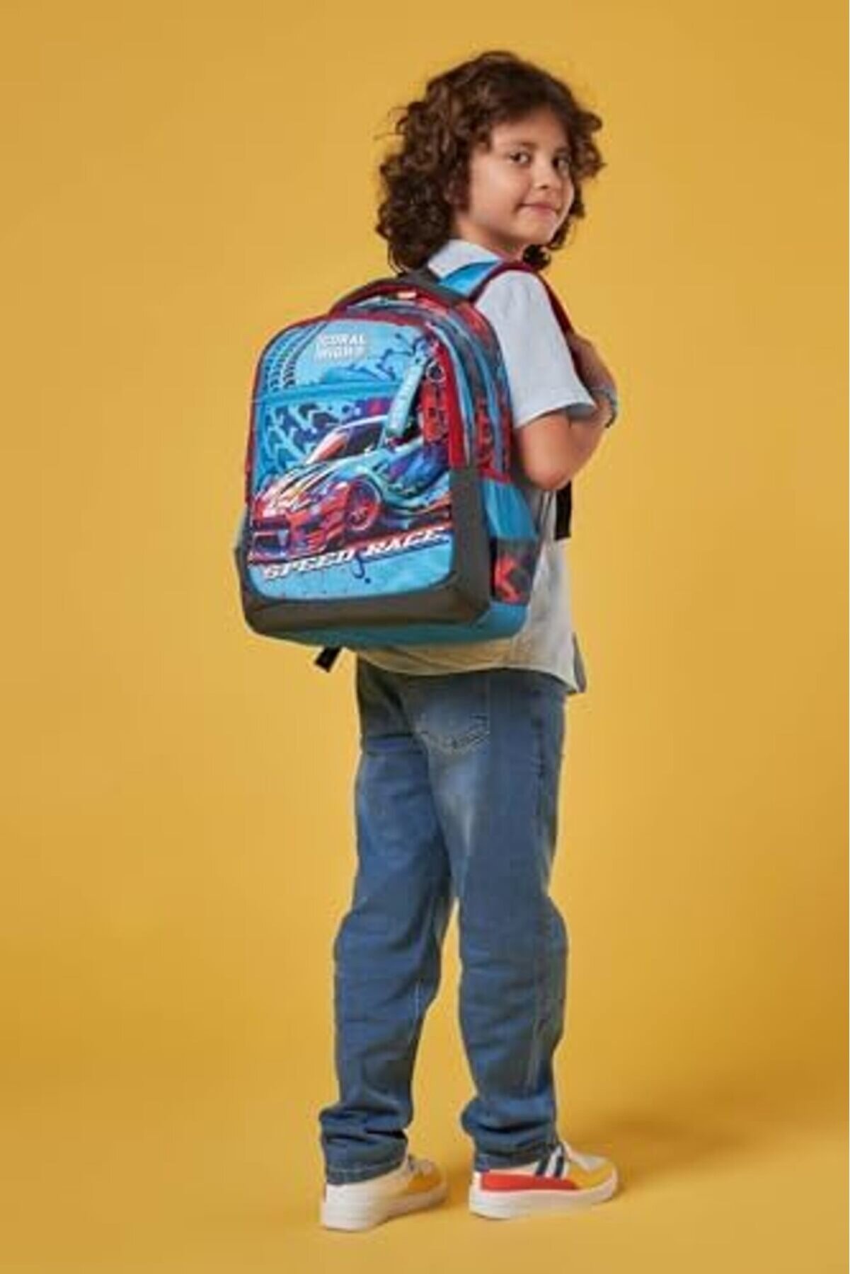 Modashi̇ne Gri̇ Mavi̇ Yarış Arabası Desenli̇ Erkek Çocuk İlkokul Çantası Ve Günlük Sırt Çantası Modascop