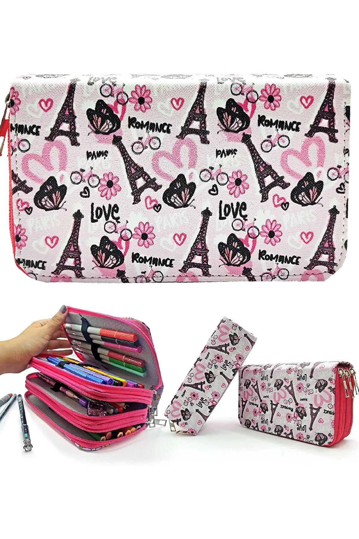 STOREMAX pltnstoreshop Kalem Kutusu Eyfel Paris Desenli Kawai Organizer Kalemkutu Vegan Deri Üç Bölmeli Kalem