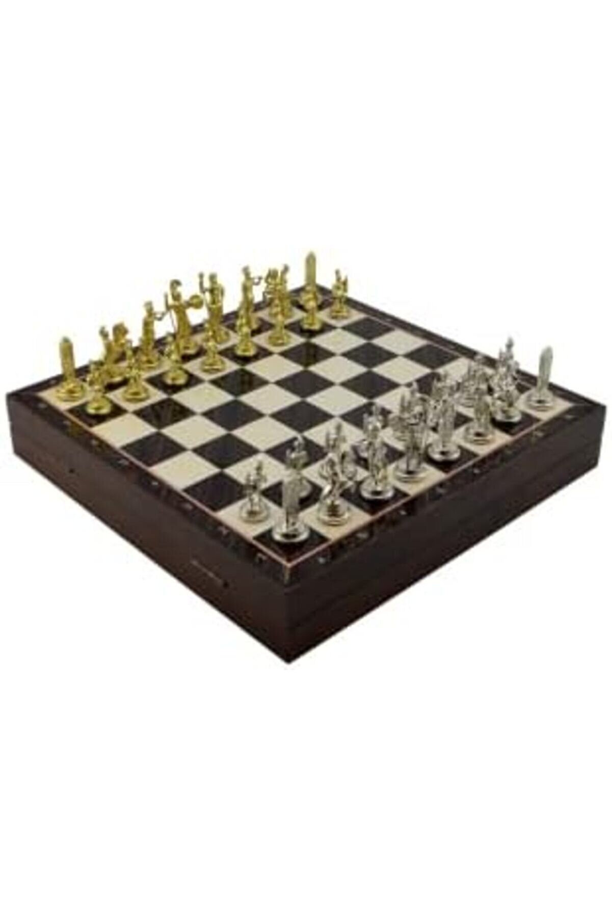 Eli̇zzashop Orta Boy Metal Yunan Satranç Takımı Parlak Ve Cevi̇z Desenli̇ Sandıklı Mdf Tahtası (36X36X6