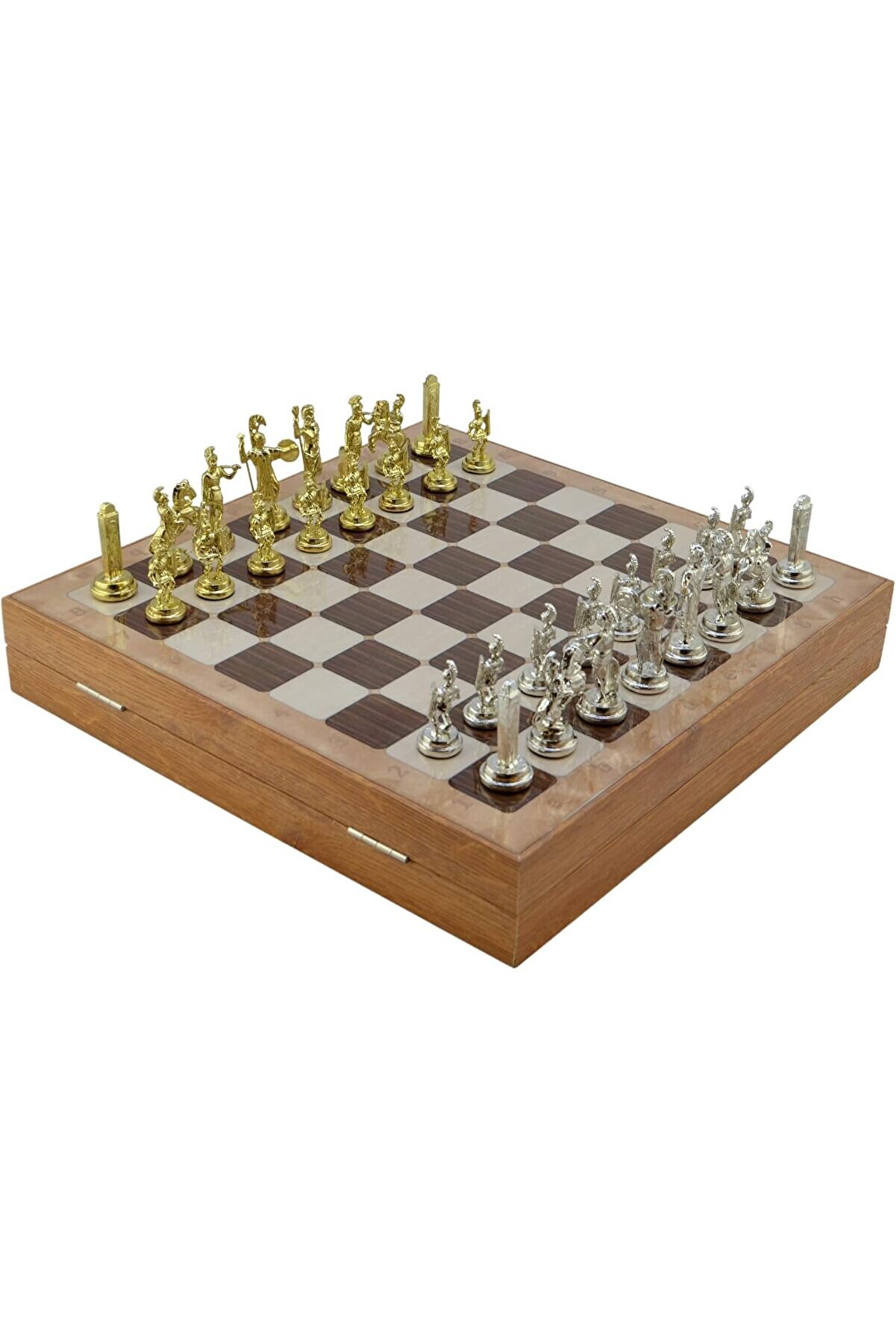 STOREMAX mrtshoppng Orta Boy Metal Yunan Satranç Takımı Parlak ve Desenli Sandıklı MDF Tahtası (36x36x6 cm.)