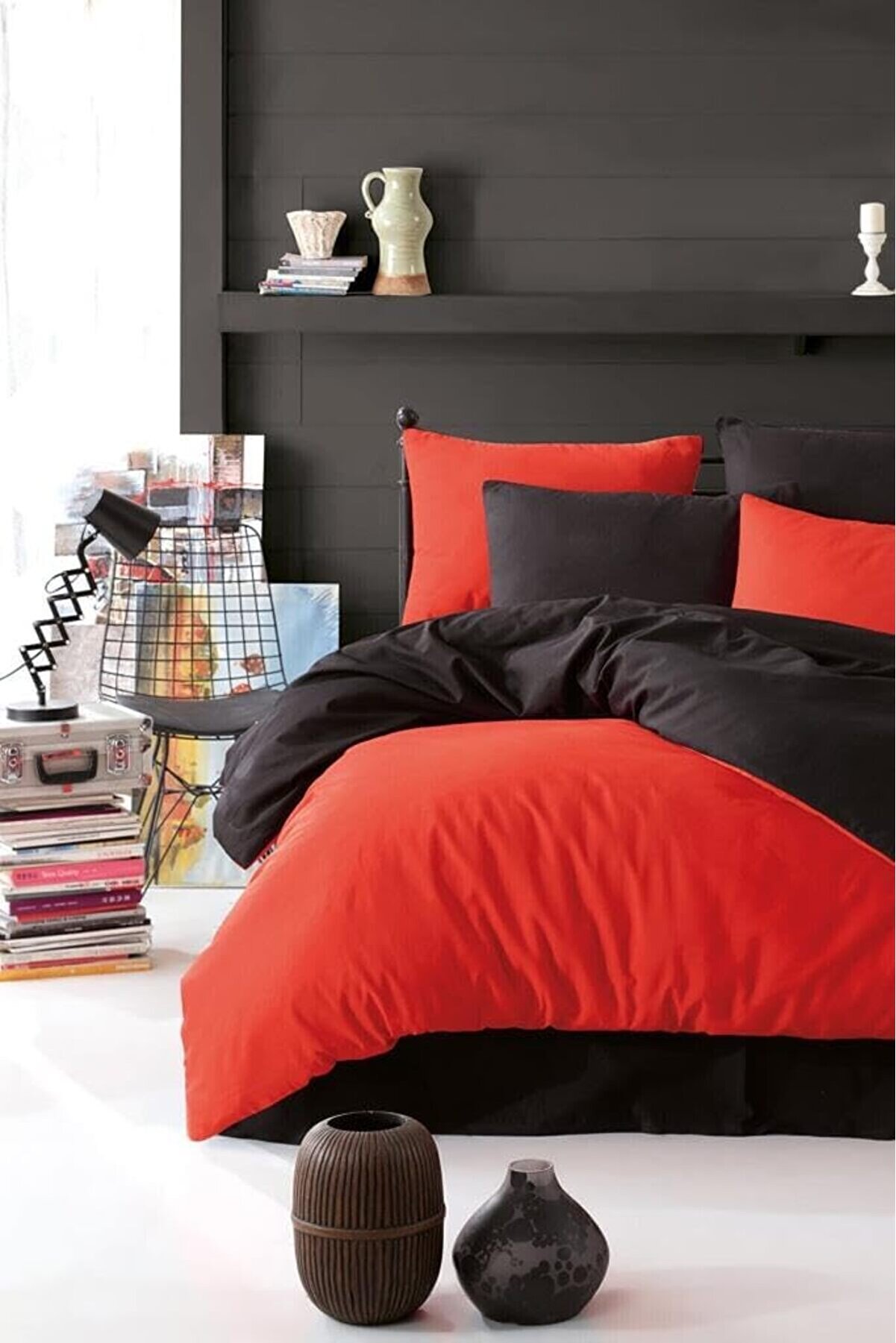 STOREMAX Nevresim Takımı Çarşafı Çift Taraflı Çift Kişilik 200x220 -Siyah Kırmızı 1014773