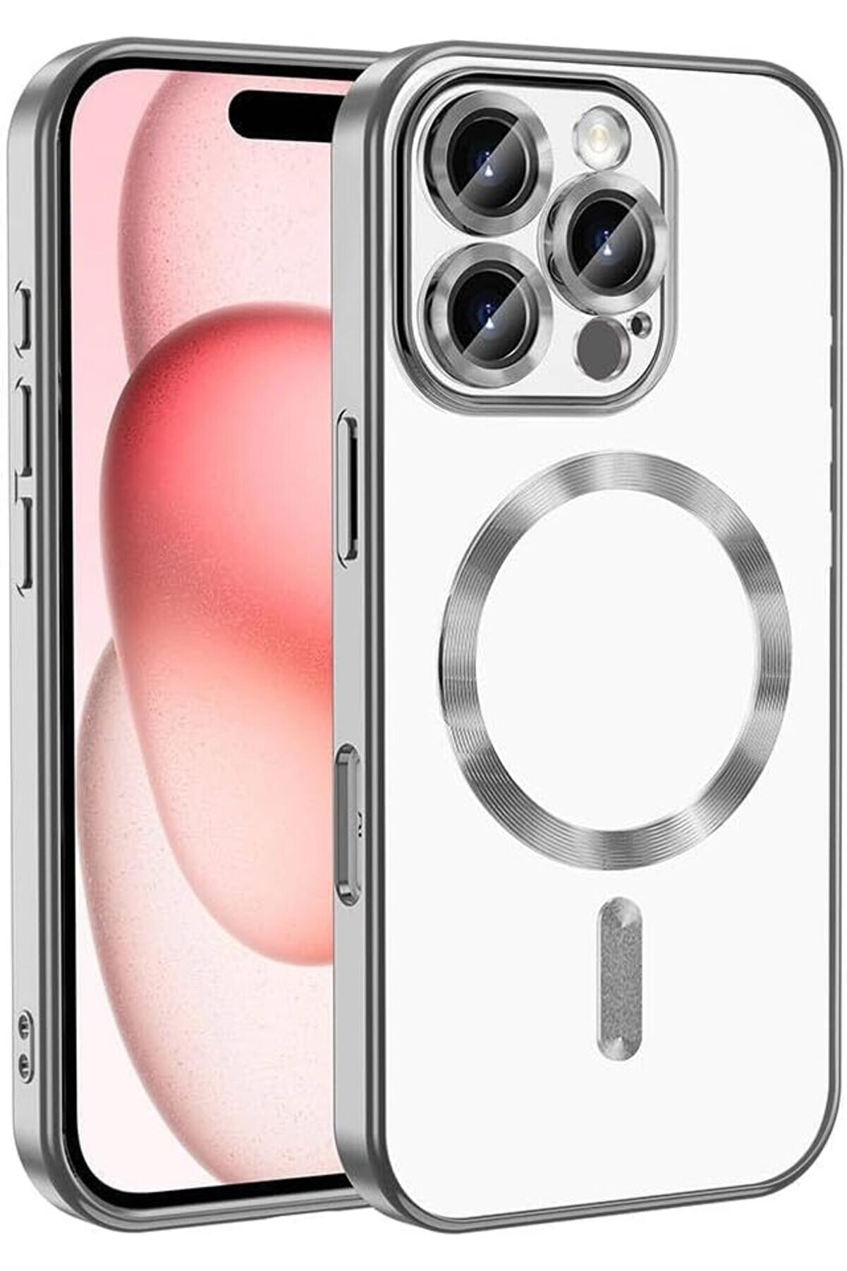 STOREMAX ile uyumlu 16 Pro Max Kılıf Kamera Korumalı M-safe Şarj &Ouml;zellikli Demre Kapak G&uuml;m&uuml;ş 1014773