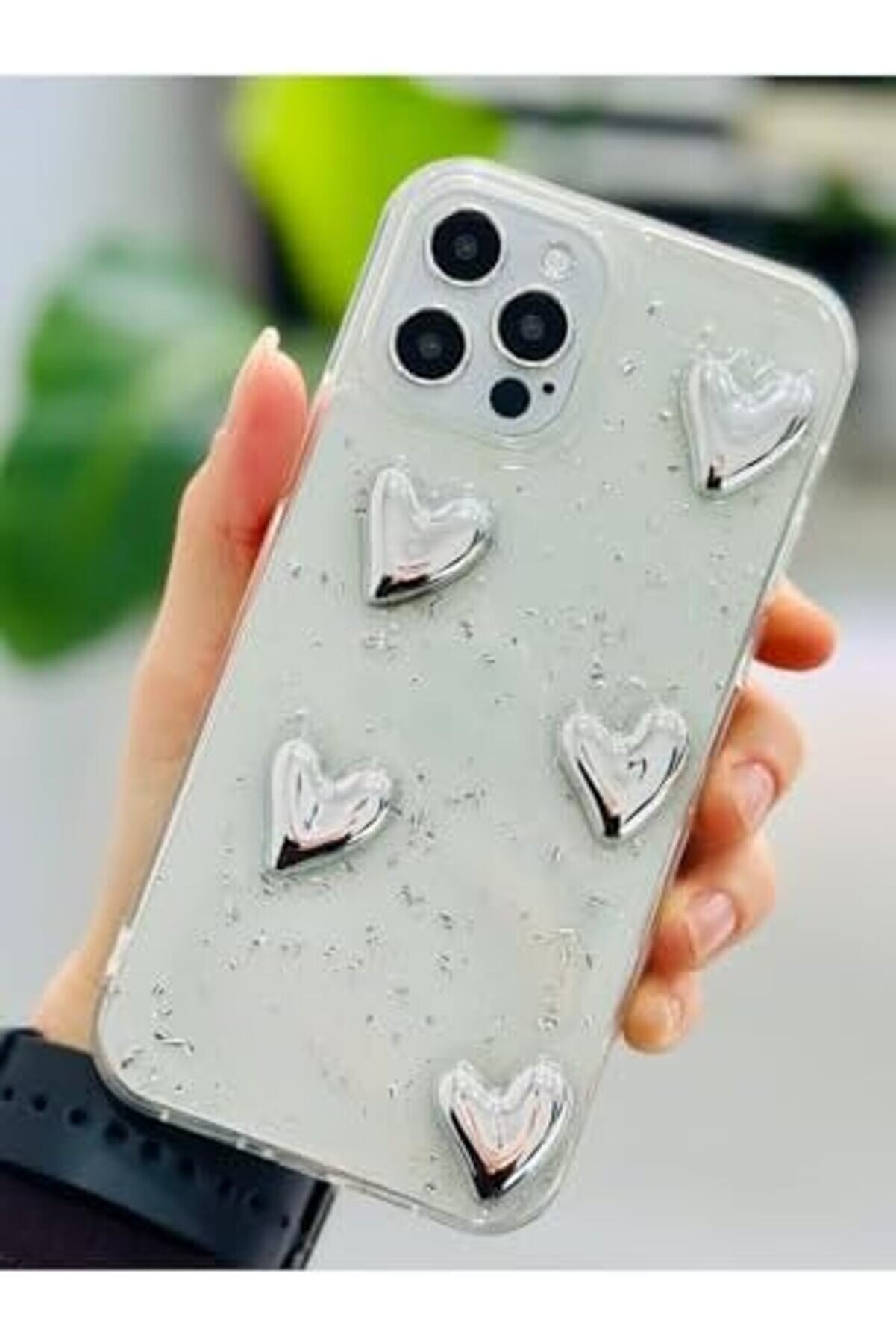 Aksesuar Iphone 12 Ve 12 Pro İle Uyumlu Si̇mli̇ G&uuml;m&uuml;ş Kalp Tasarım Oyuncaklı Esnek Si̇li̇kon Kılıf 1175