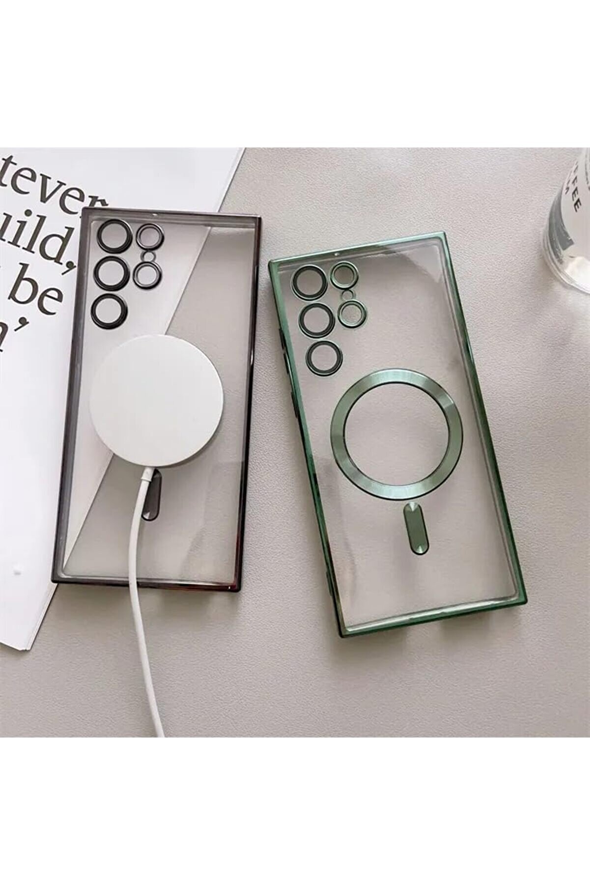 S25 Ultra Kılıf Kamera Lens Korumalı Kablosuz Şarj Destekli̇ Arkası Şeffaf Parlak Kenarlı Kapak Esnek