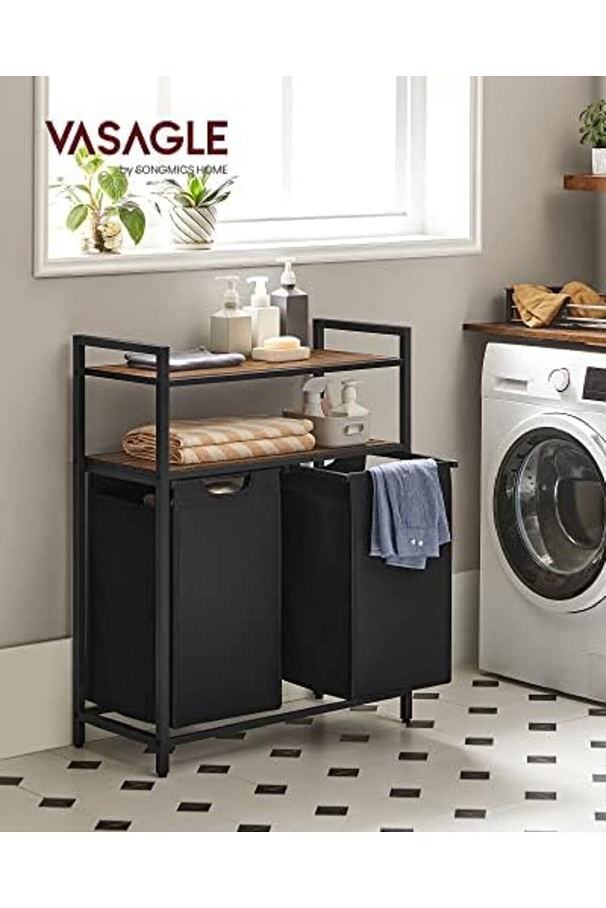 Çamaşır Sepeti̇, Çamaşır Kutusu, 2 Bölme, 2 Raf, Metal Çerçeve, 2 X 46 Li̇tre, 73 X 33 X 91 Cm, -Si̇yah
