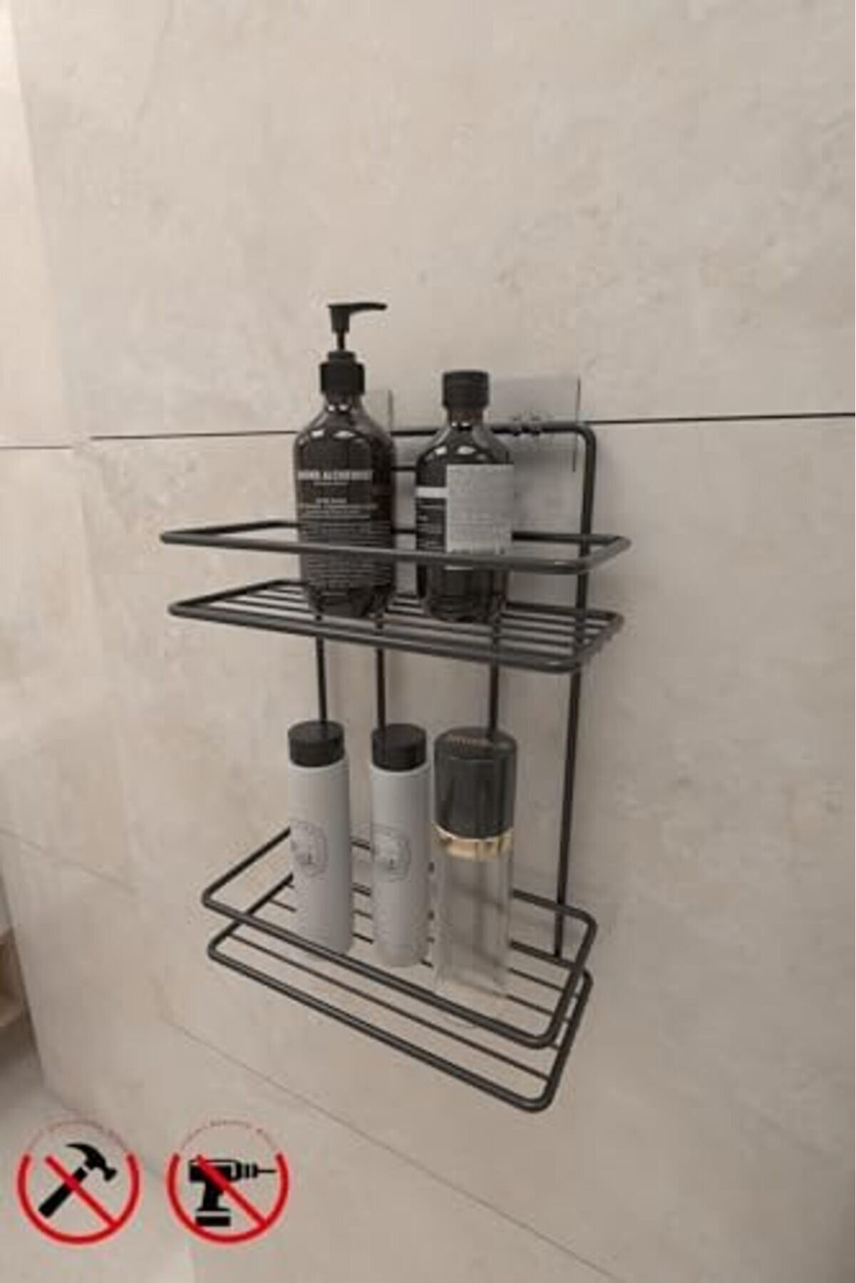 Svngsphereshop Banyo Ömür Boyu Paslanmaz Yapışkanlı Si̇yah 2 Katlı Düz Şampuanlık Tş02, Delmeye Son,