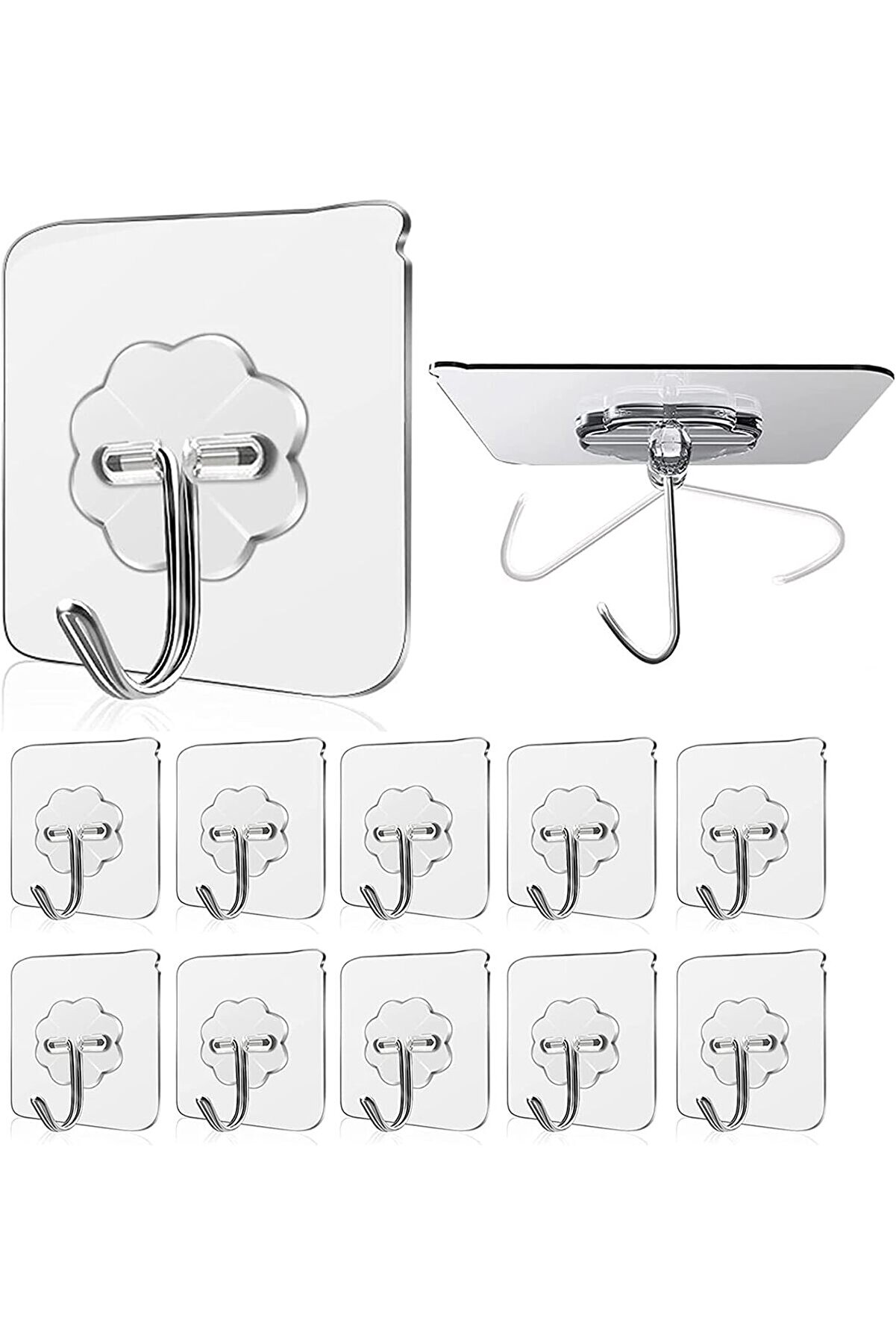 STOREMAX Askısı 10 Adet Şeffaf İz Bırakmayan Güçlü Yapışkanlı Kapı Arkası Banyo Mutfak Düzenleyici Metal Kanc