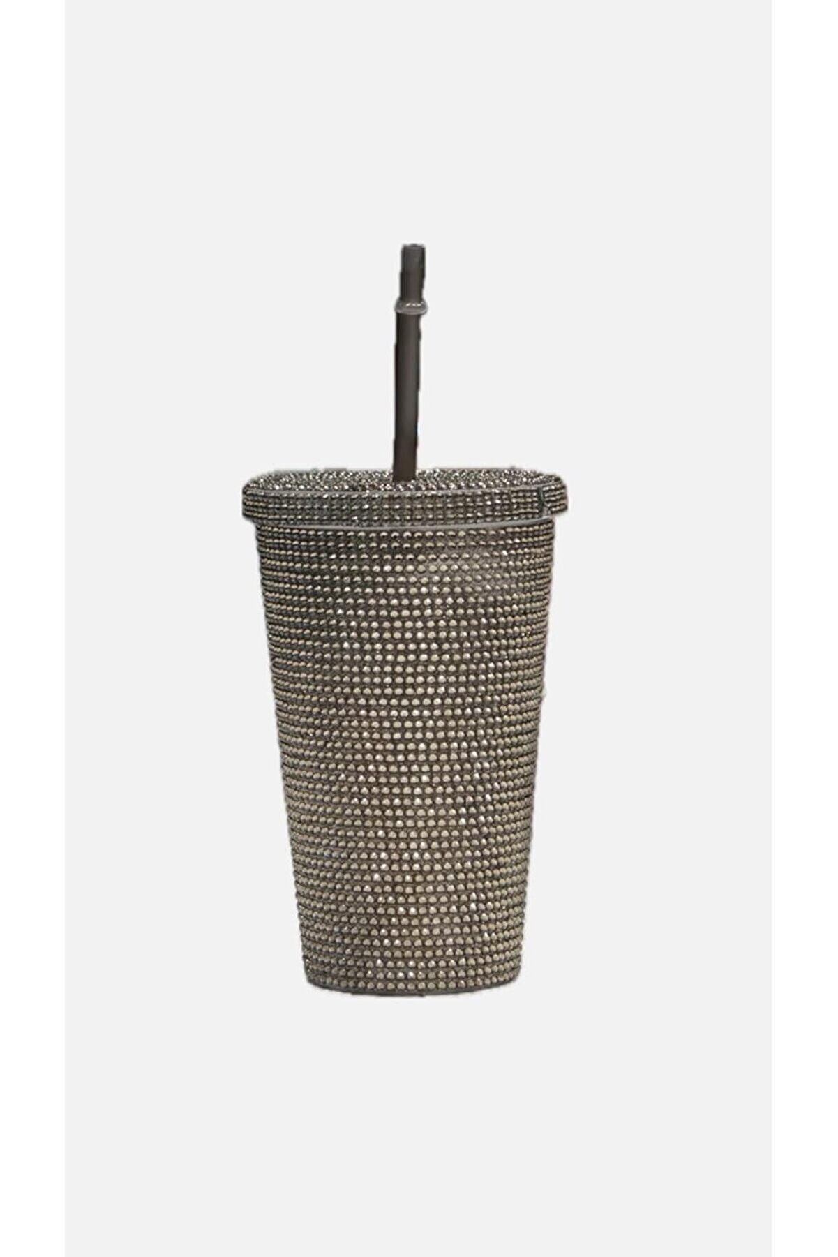 STOREMAX Rhinestones Parlak Taşlı Pipetli Çift Kat Soğuk İçecek İçin Şık 500ml Mug Termos Bardak (antrasit)