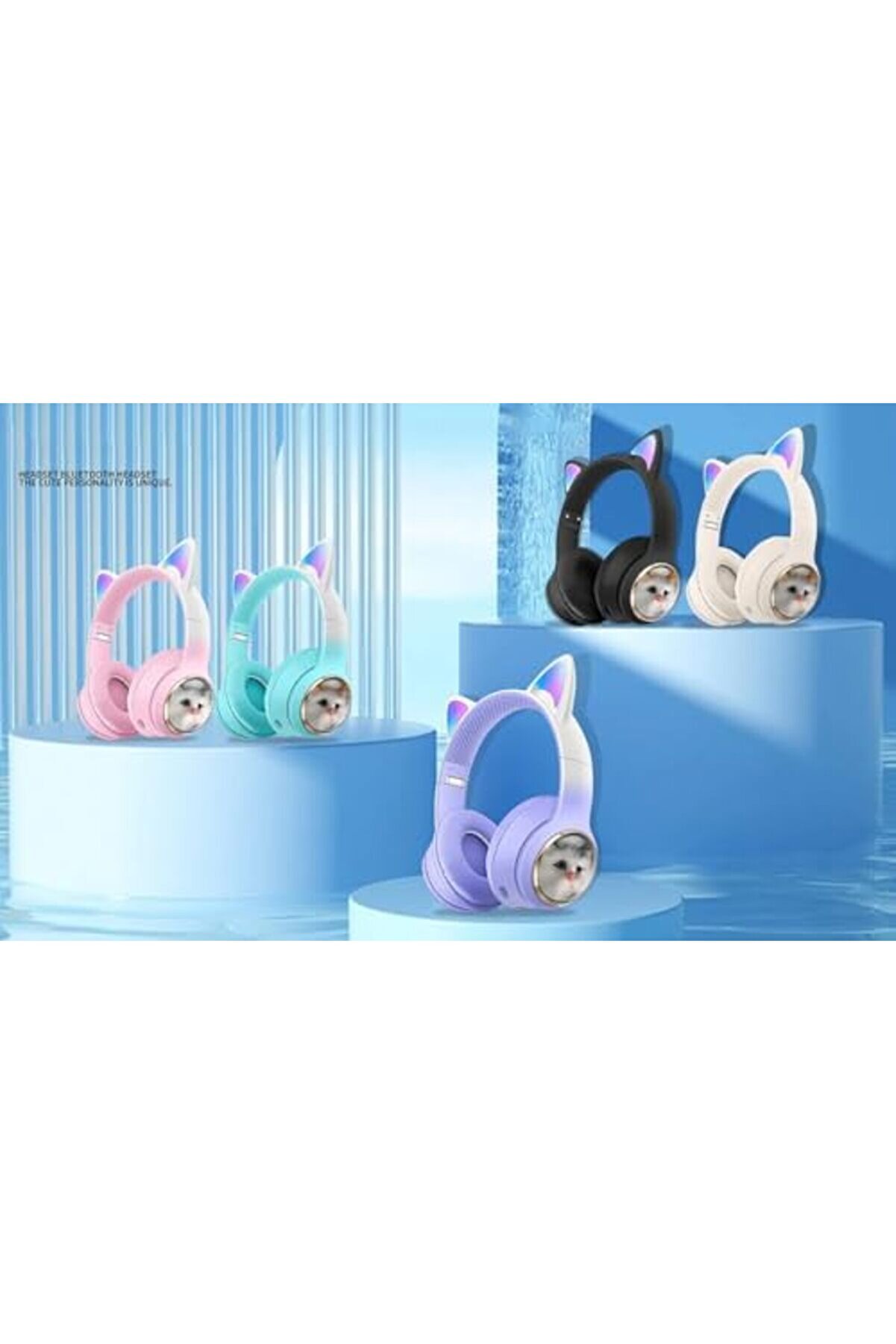 Kulaklık Peluş Kedi̇ Tasarımlı Kulakları Işıklı Kablosuz Şık Ve Canlı Renkli̇ Kulak Üstü Kulaklık Ve İ
