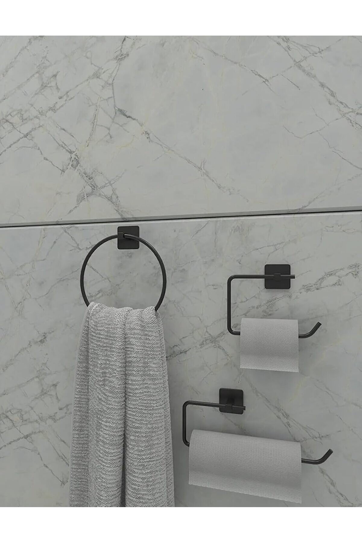 STOREMAX Yapışkanlı Siyah Kare Topuz Havluluk ve Kare Tuvalet Kağıtlık Kare Peçetelik Seti Düzenleyici 10147