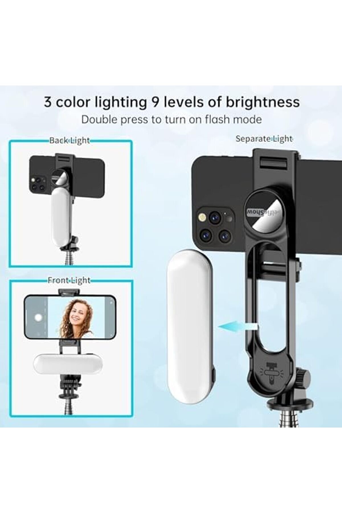 Işıklı Selfi̇e Çubuğu, 360 ° Dönebi̇len, Led Dolgu Işıklı, 111Cm Uzatılabi̇li̇r, Kablosuz Kumanda, 3 Ren