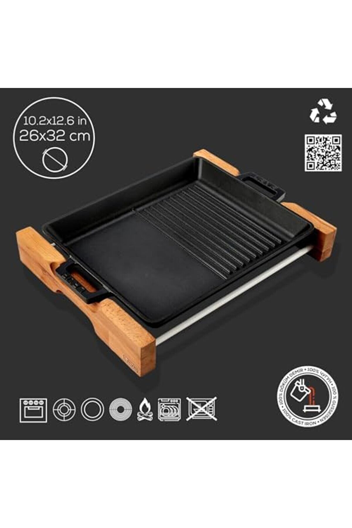 Shopverse Metal Döküm Tava, Metal Kulplu, Ahşap, 26X32Cm Trendfli̇ck 1014773