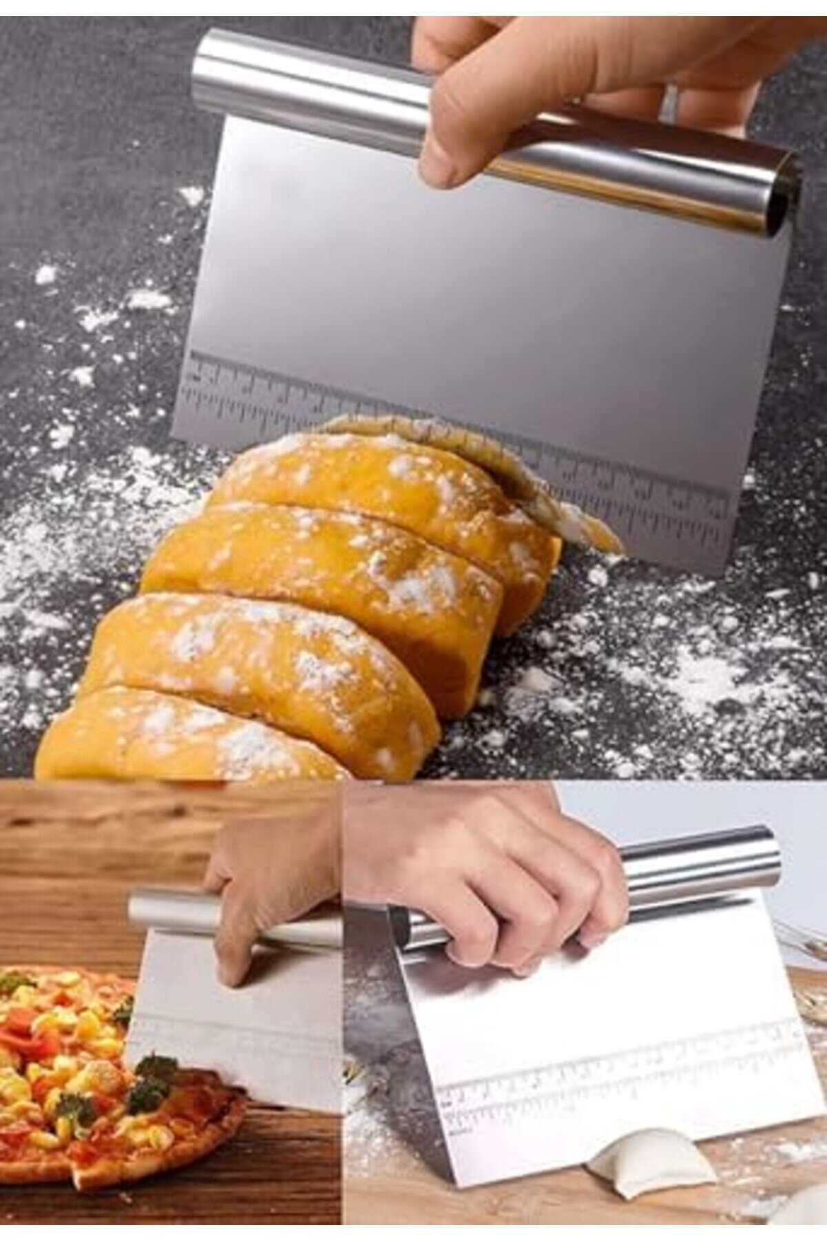 Modashi̇ne Paslanmaz Çeli̇k Hamur Kesme Ve Kazıyıcı Spatula Ölçü Çi̇zgi̇li̇ Pasta Kek Kesi̇ci̇ Aparat Modas