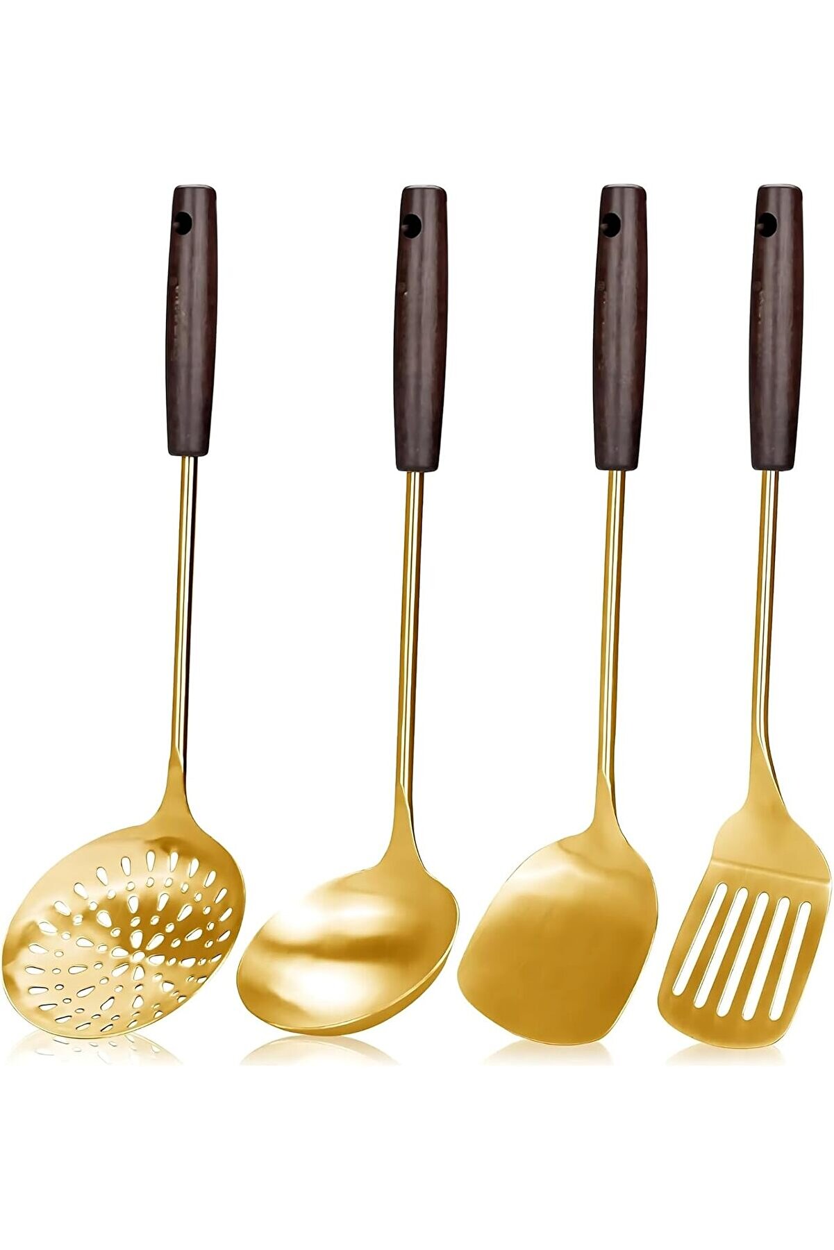 STOREMAX elizzashop Mutfak Pişirme Seti - 4 Parça Uzun Ahşap Saplı Paslanmaz Çelik Spatula, Kevgir, Kepçe - L