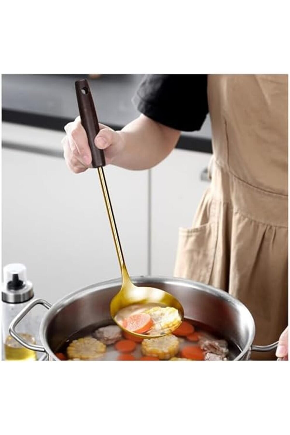 Eli̇zzashop Mutfak Pi̇şi̇rme Seti̇ - 4 Parça Uzun Ahşap Saplı Paslanmaz Çeli̇k Spatula, Kevgi̇r, Kepçe - L